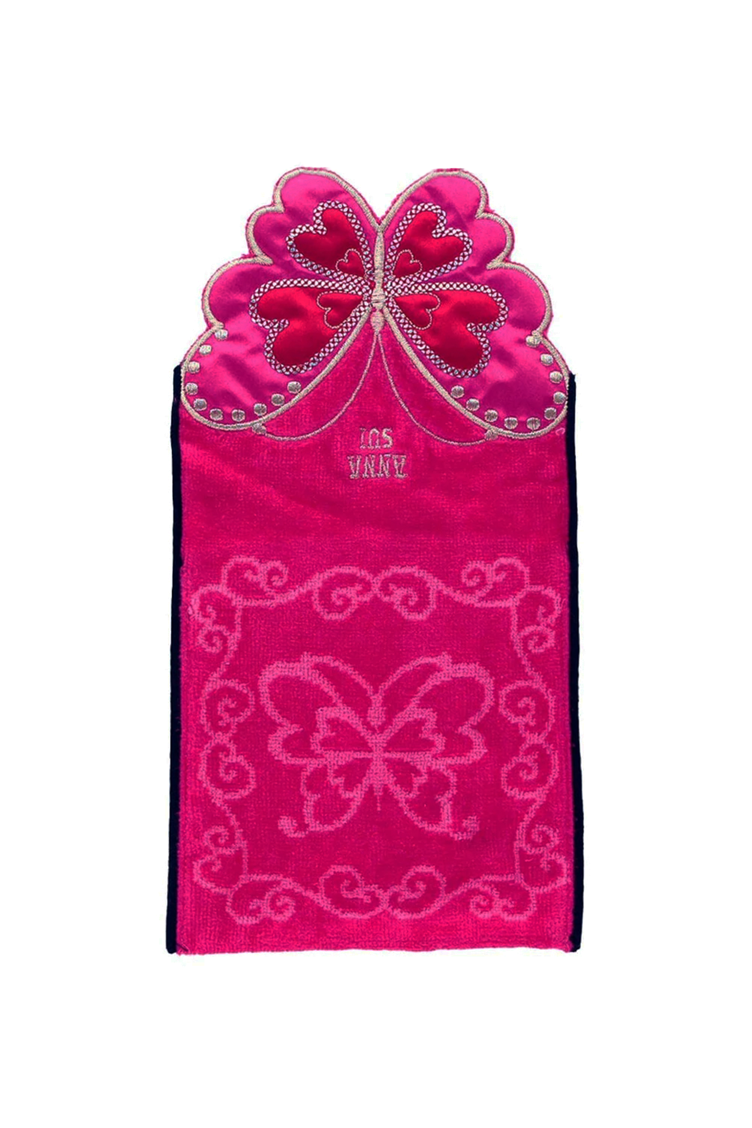 Open Red Pocket Washcloth, cut-out butterfly on a flap, Anna Sui label, pink retro butterfly in center