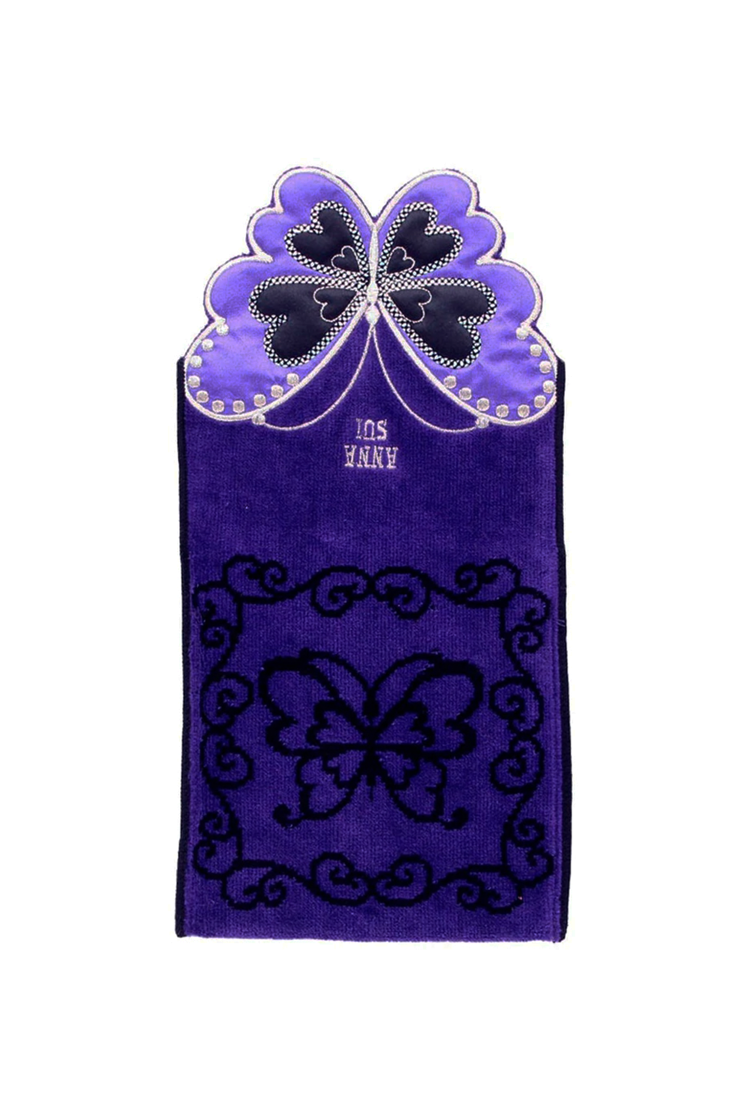 Open Purple Pocket Washcloth, cut-out butterfly, Anna Sui gold label above, black retro butterfly 