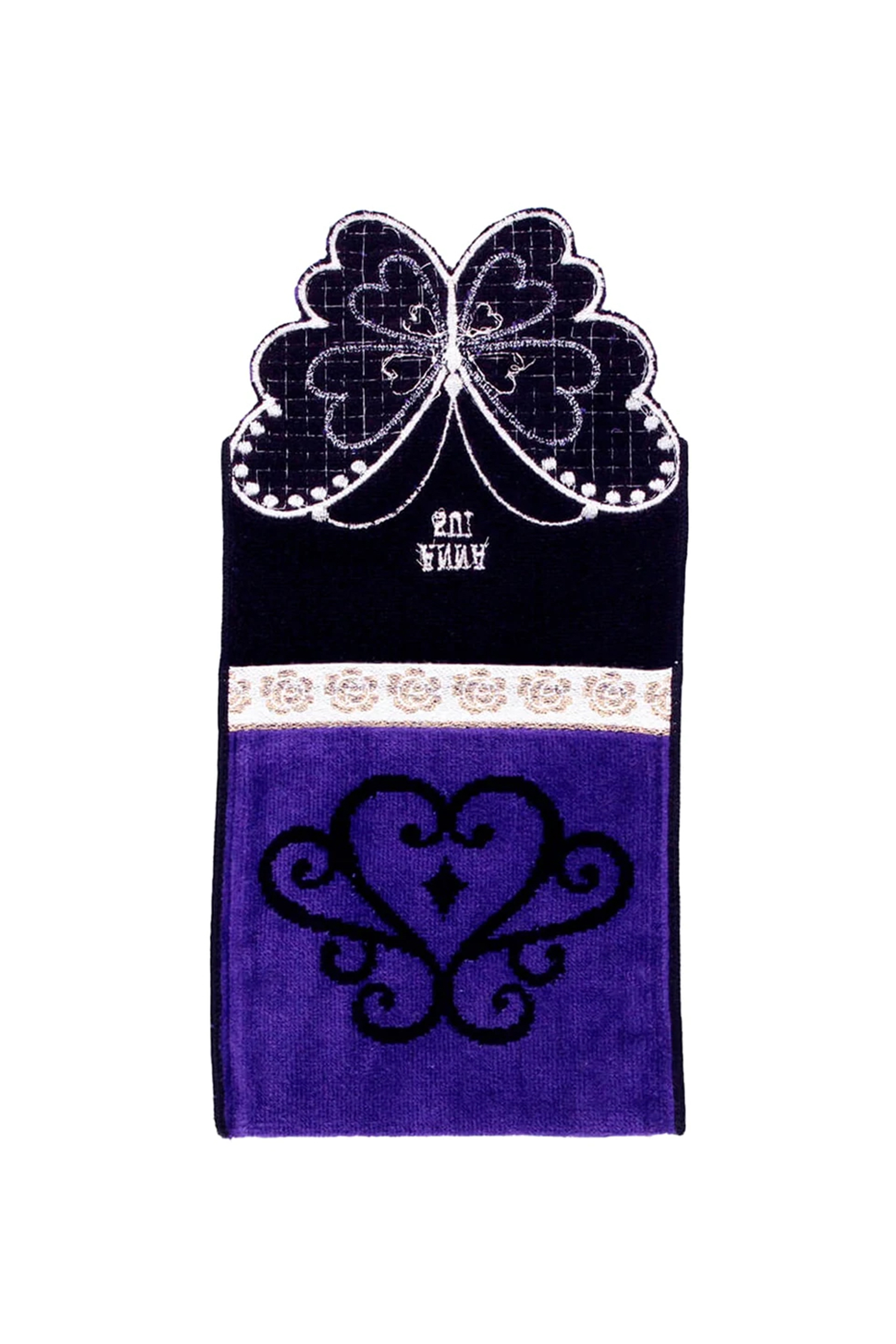 Other Side Purple Pocket Washcloth, cut-out butterfly, Anna Sui label, black floral design in center