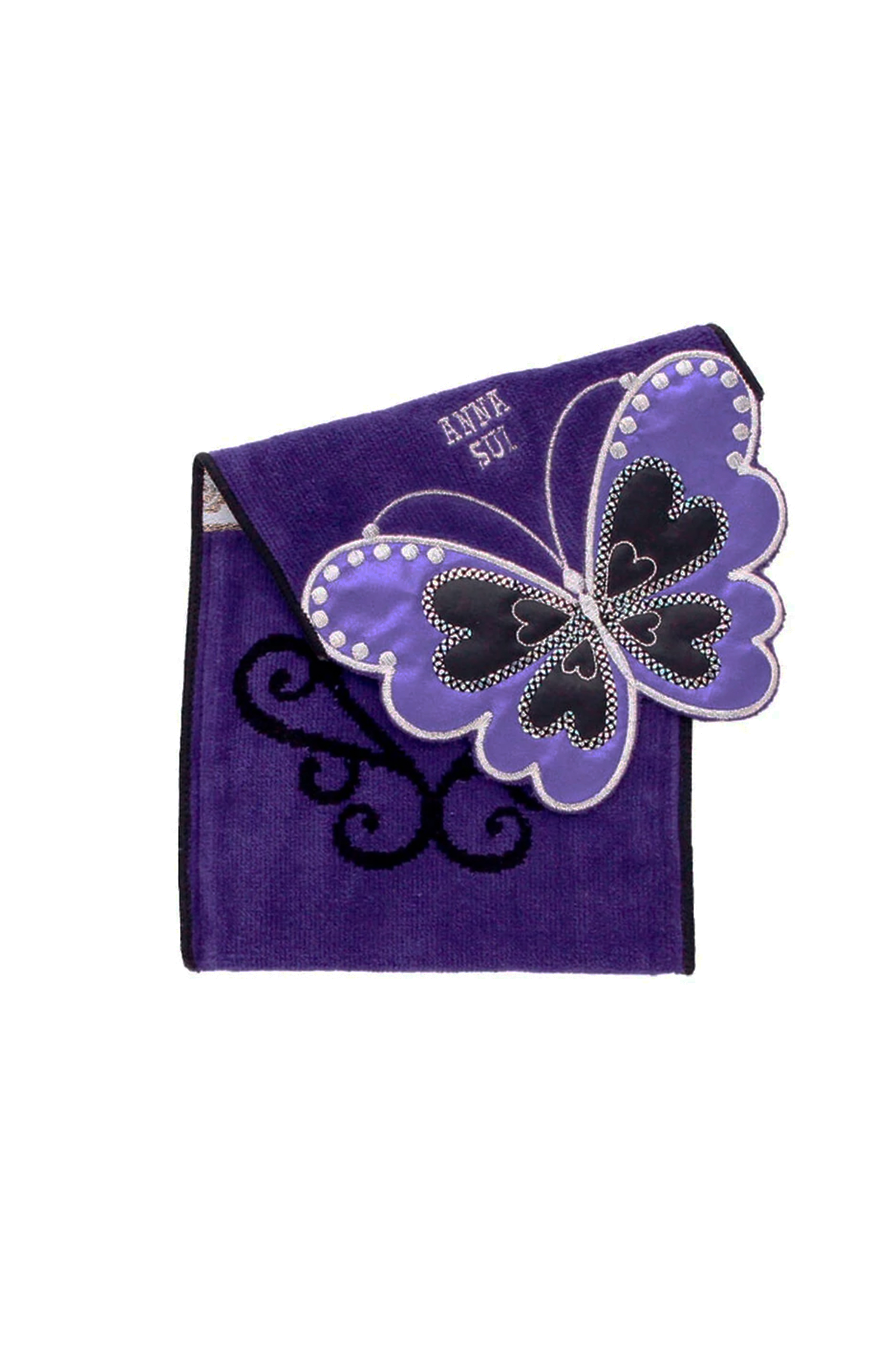 Purple Pocket Washcloth, black/light purple, and white border cut-out butterfly, Anna Sui gold label 
