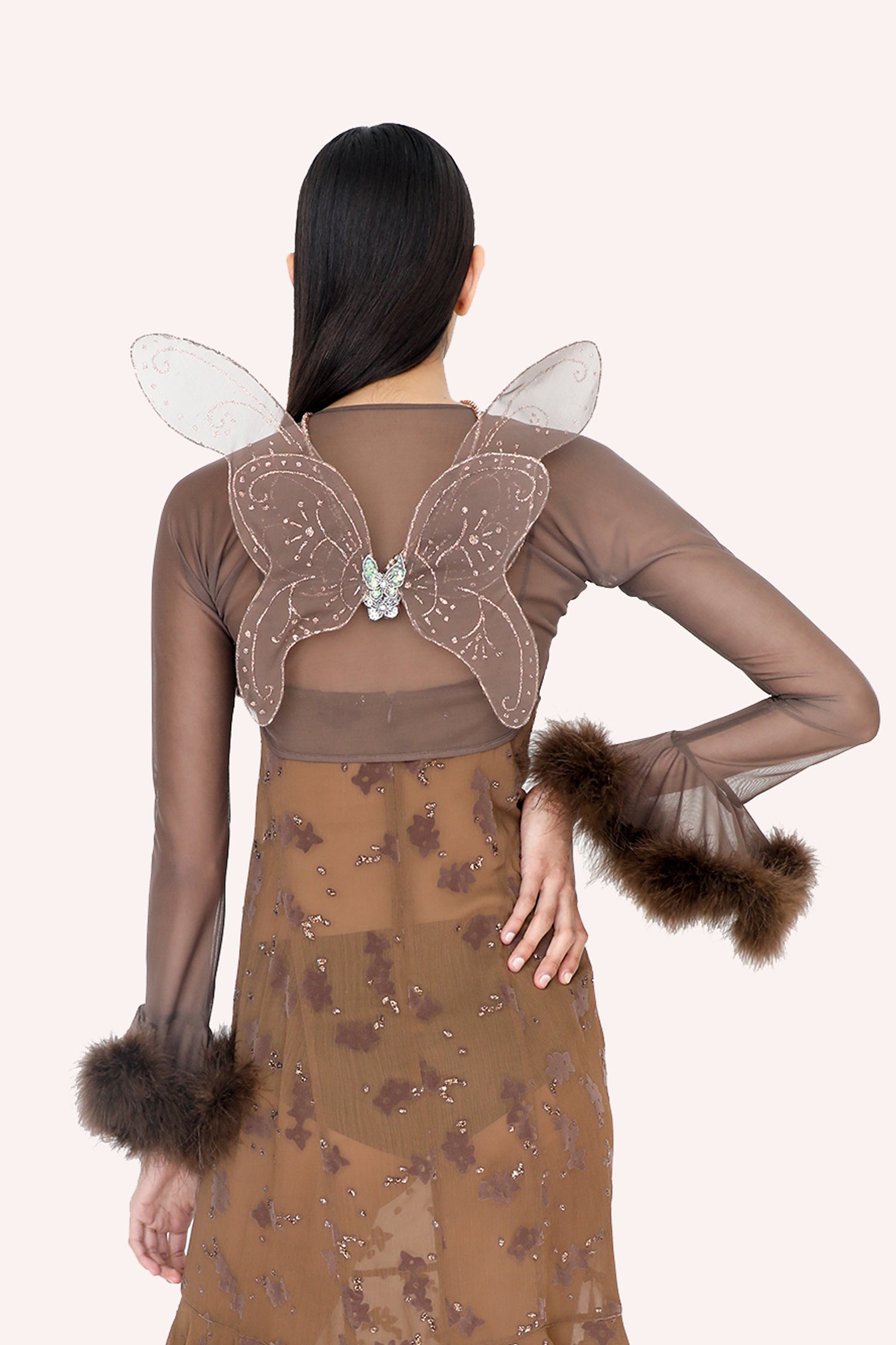 Fairy Wings, Cocoa with golden floral incrustation, slightly above shoulders, to mid back