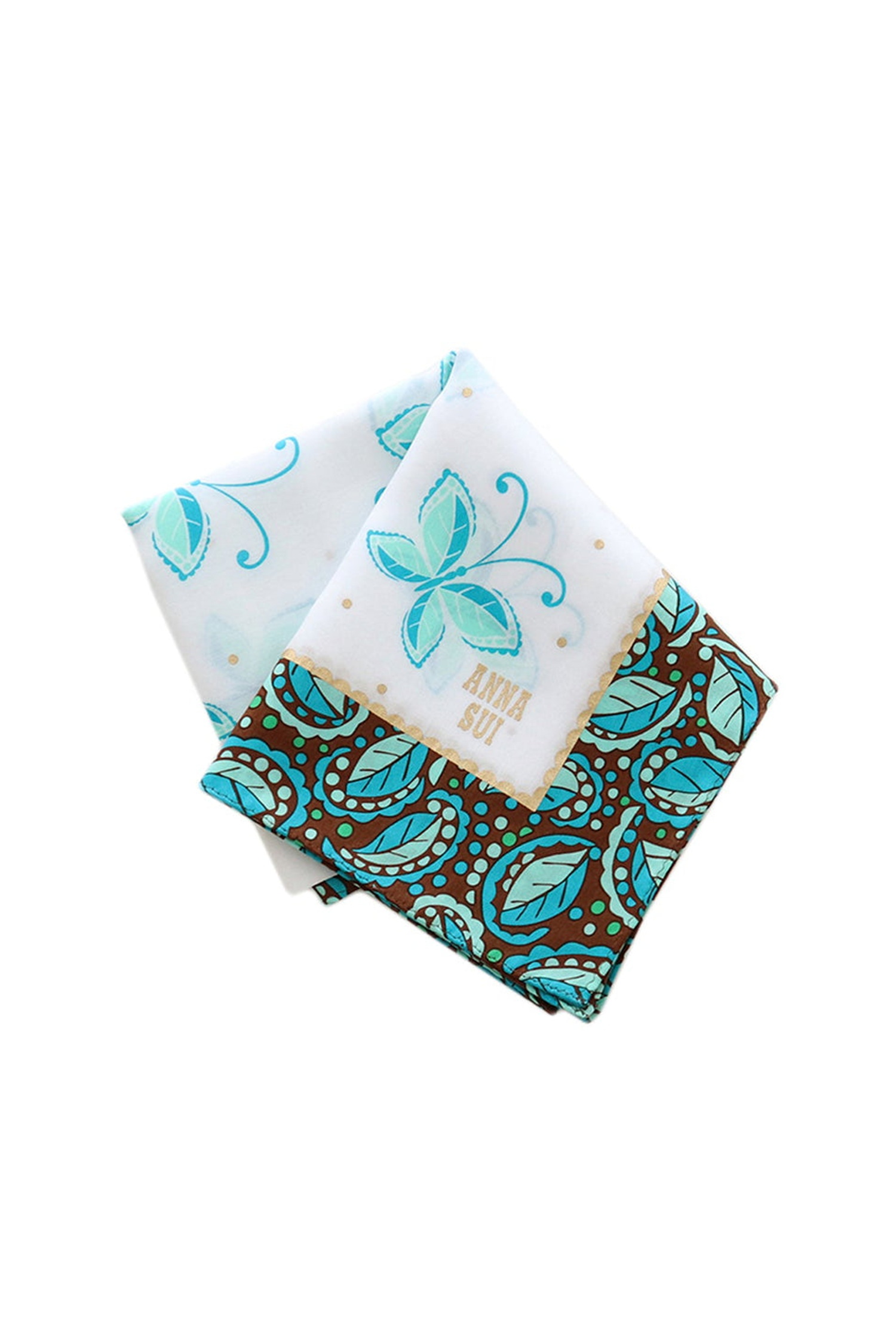 Handkerchief, White with green butterfly and golden Anna Sui, large floral brown/blue border