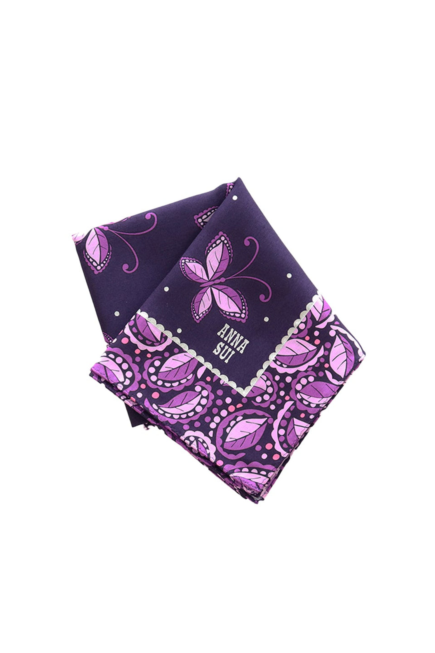 Handkerchief, purple with light purple butterfly and white Anna Sui, large floral hue of purple border