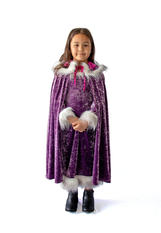 Kid's Prince Cape Lavender, long cape,  with faux fur at large flapped collar, a pink ribbon tied at top