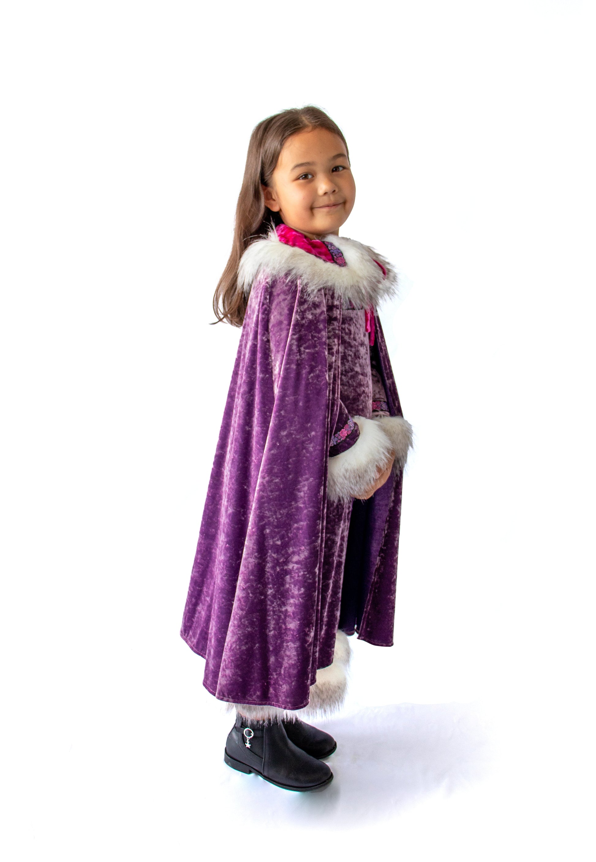 Kid's Prince Cape Lavender, above ankles long, faux fur, flapped collar, a pink ribbon tied at top