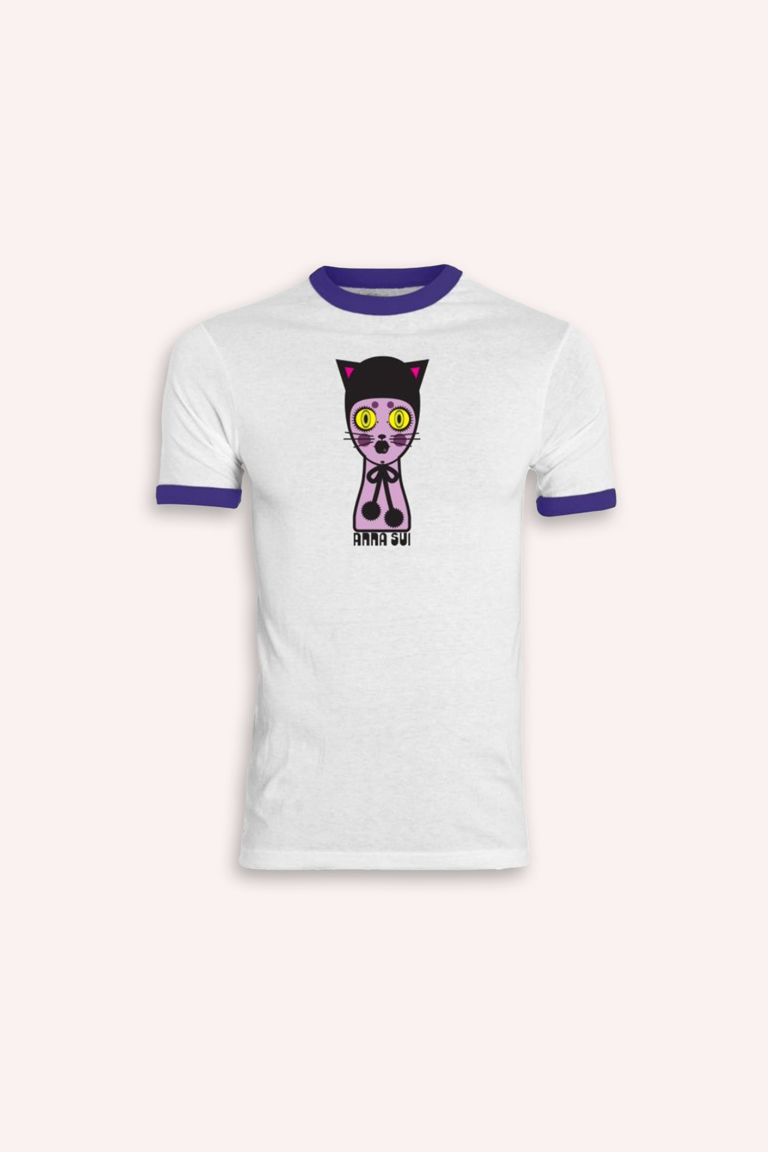 White tee with purple edges collar & arm, print in front representing a purple doll black cat attire