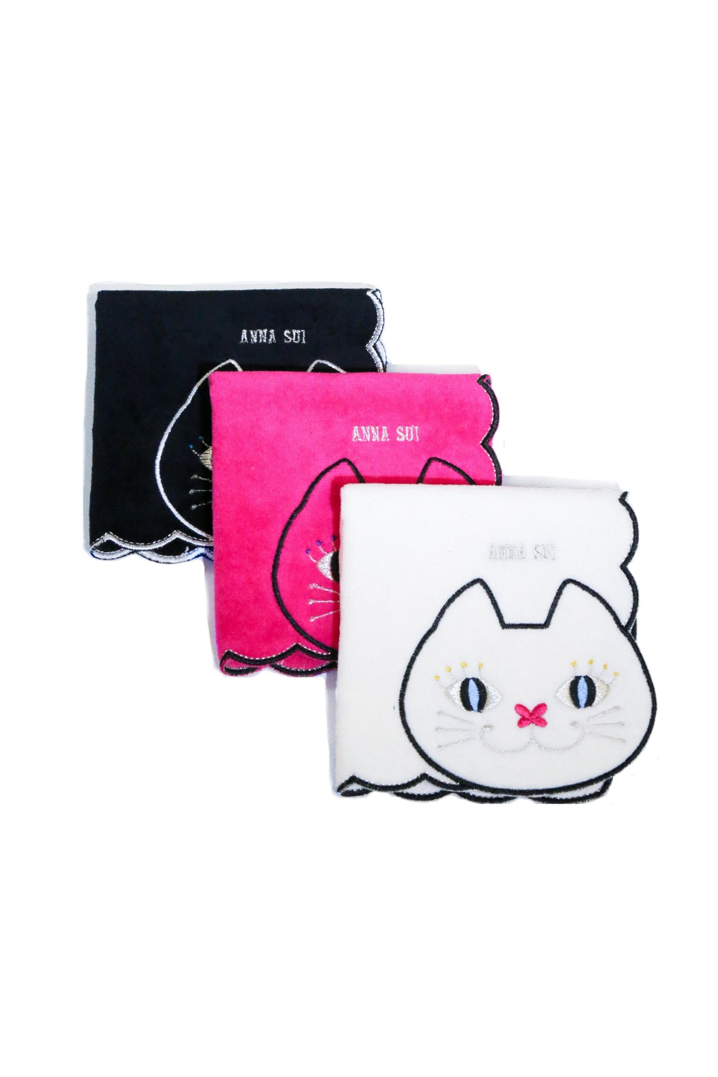 Pack of 3 Washcloth squared, wavy hems, in black, red, white, cat with white borders, Anna Sui label