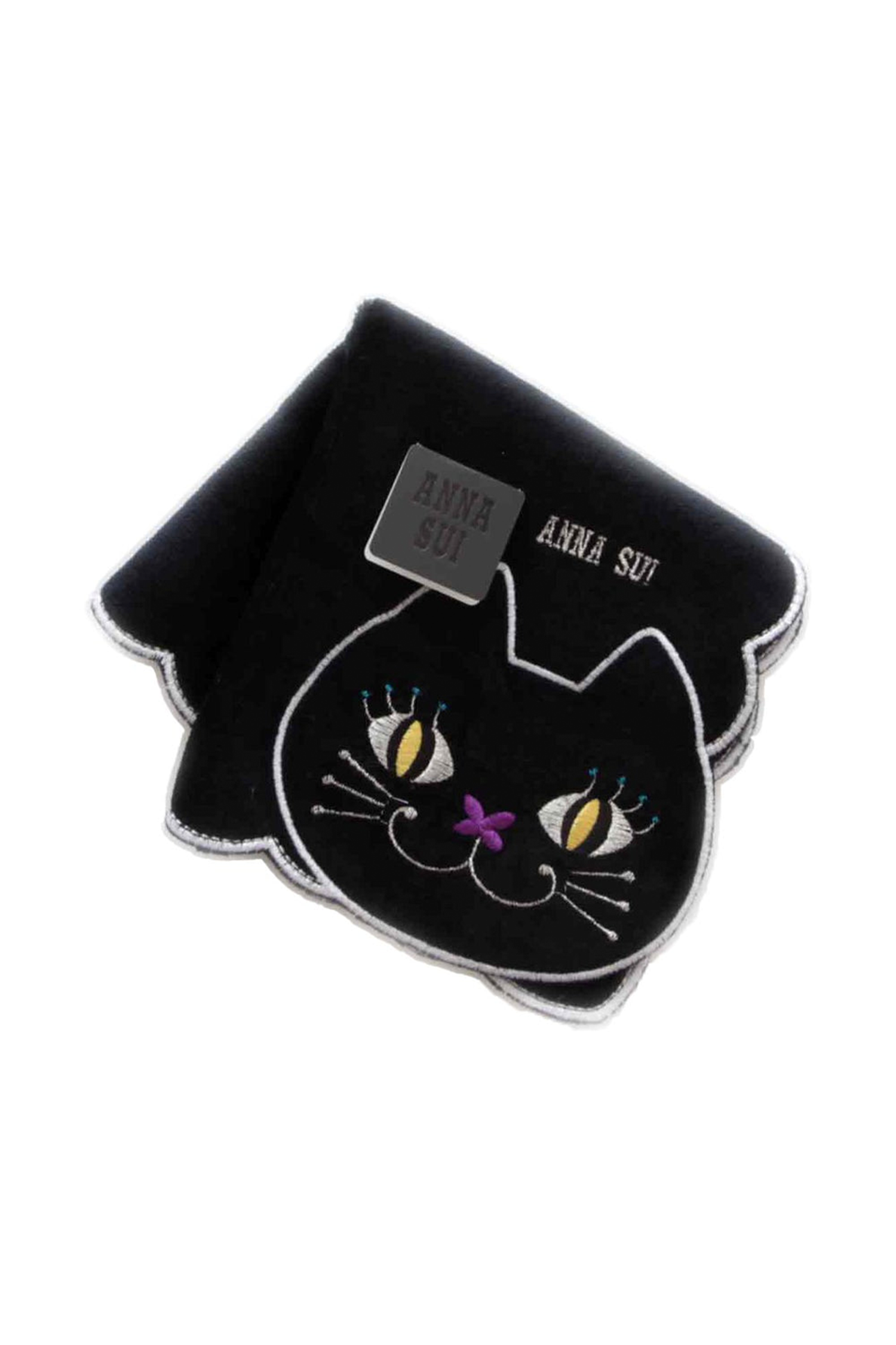 Black washcloth, wavy hems, cat with white borders, yellow eyes, pink nose, Anna Sui in a grey tag 