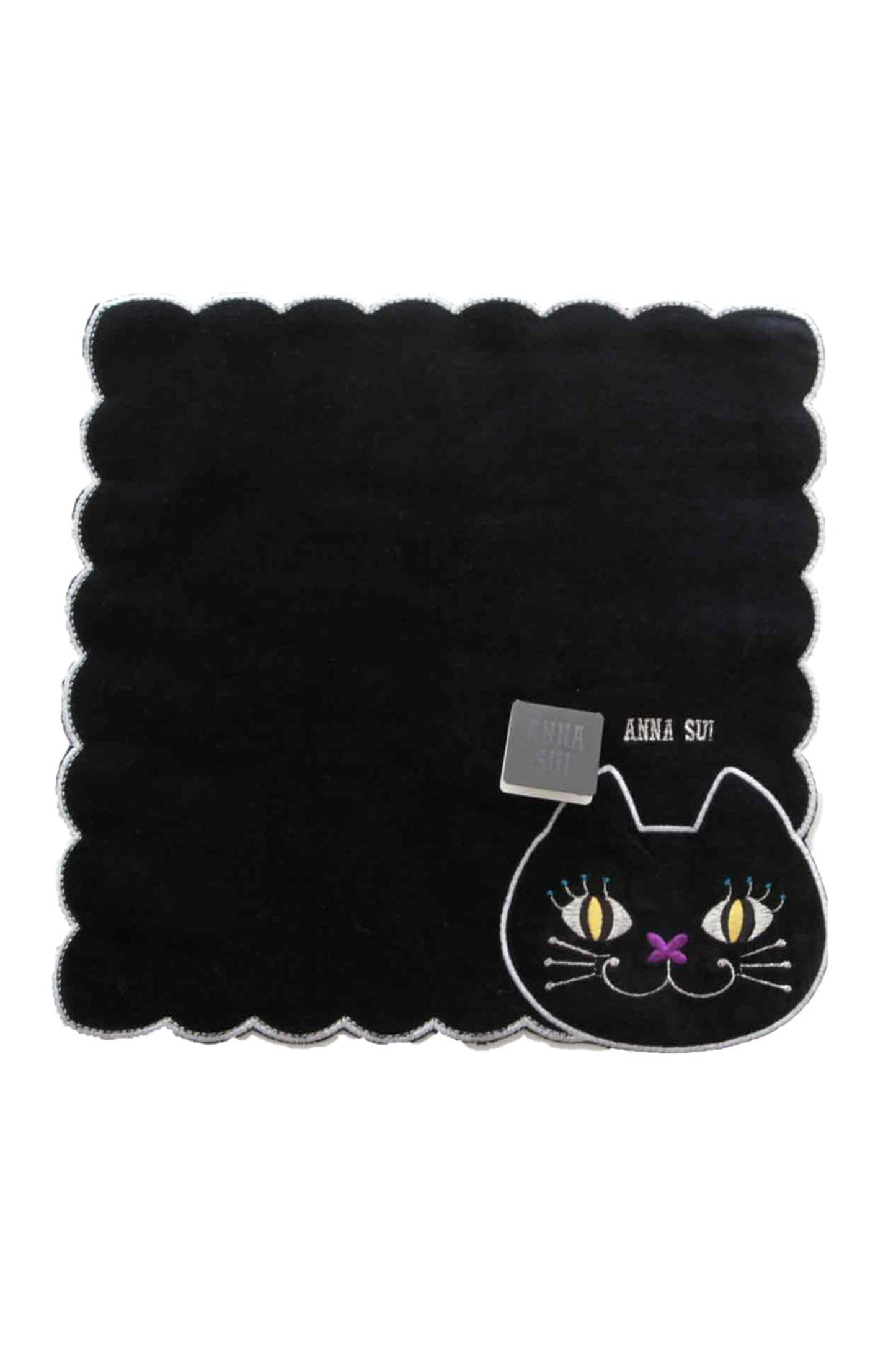 Black Washcloth squared, wavy hems, black cat with borders, yellow eyes, pink nose, Anna Sui label