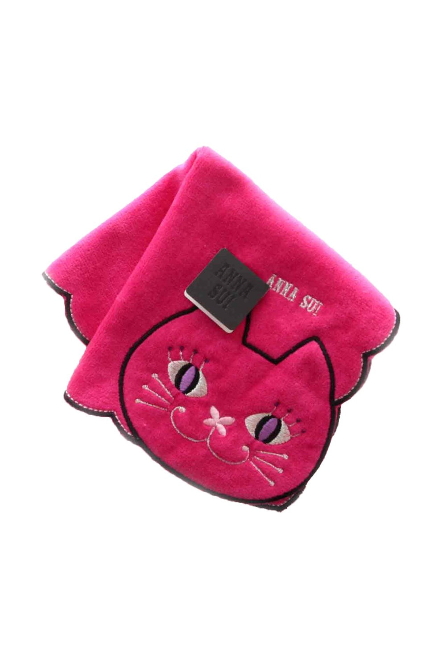 Red washcloth, wavy hems, cat with black borders, pink eyes, pink nose, Anna Sui in a grey tag