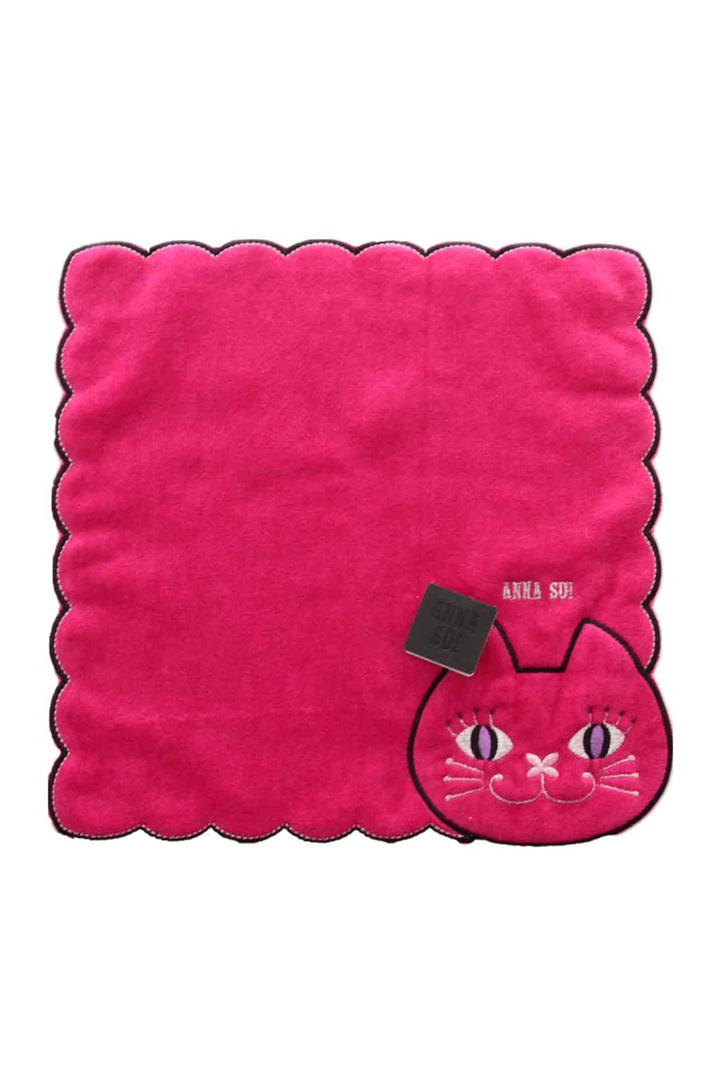  Red Washcloth squared, wavy hems, a red cat with black borders, pink eyes, pink nose, Anna Sui label