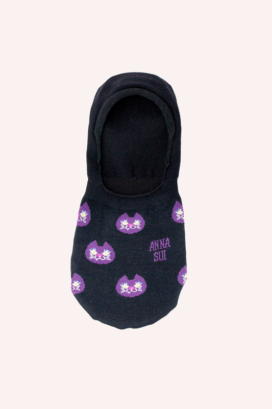 Socks, black with purple cat's head with white eyes and mouth, Anna Sui label, short socks