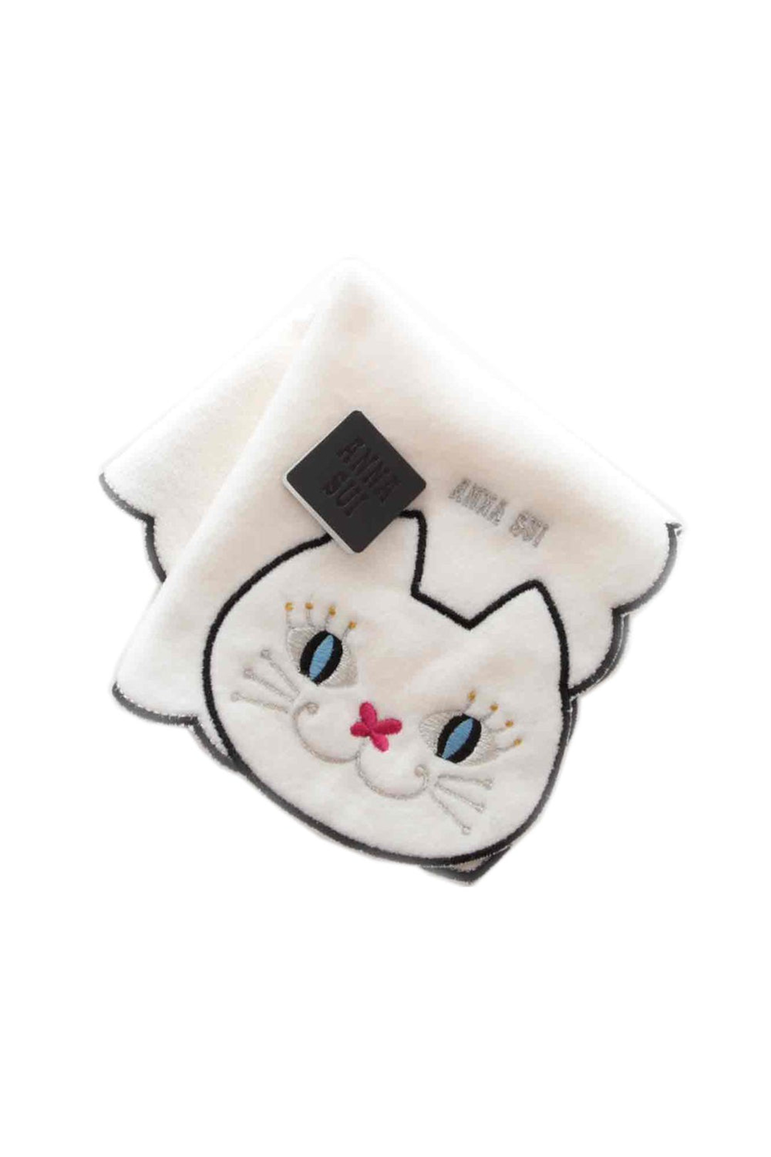 White washcloth, wavy hems, cat with black borders, blue eyes, red nose, Anna Sui in a grey tag