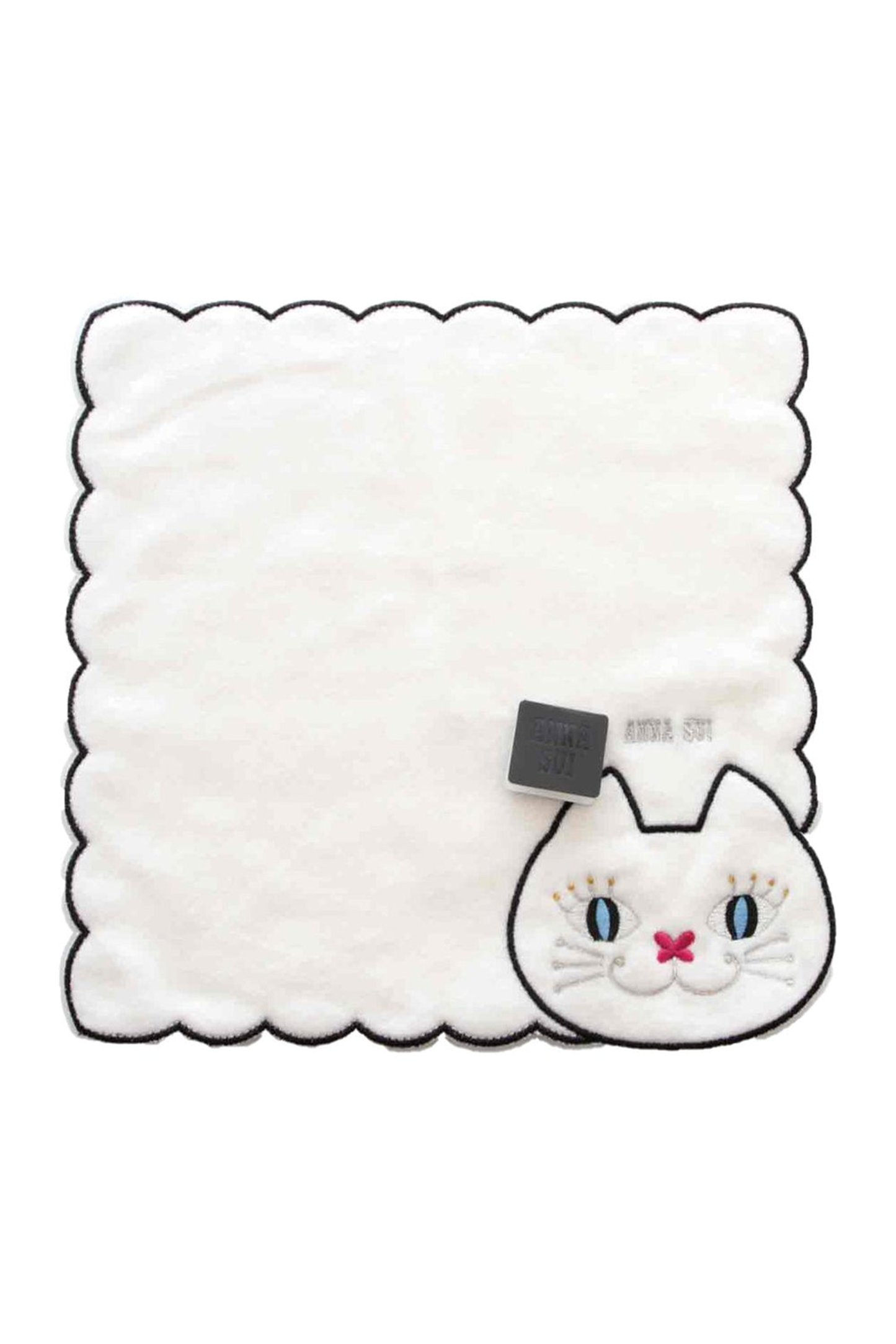 White Washcloth squared, wavy hems, white cat black borders, blue eyes, pink nose, Anna Sui label