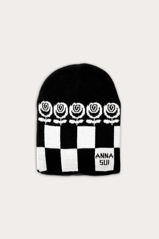 Rose Checker Beanie, black and white, roses on top of checker, Anna Sui in black in white square