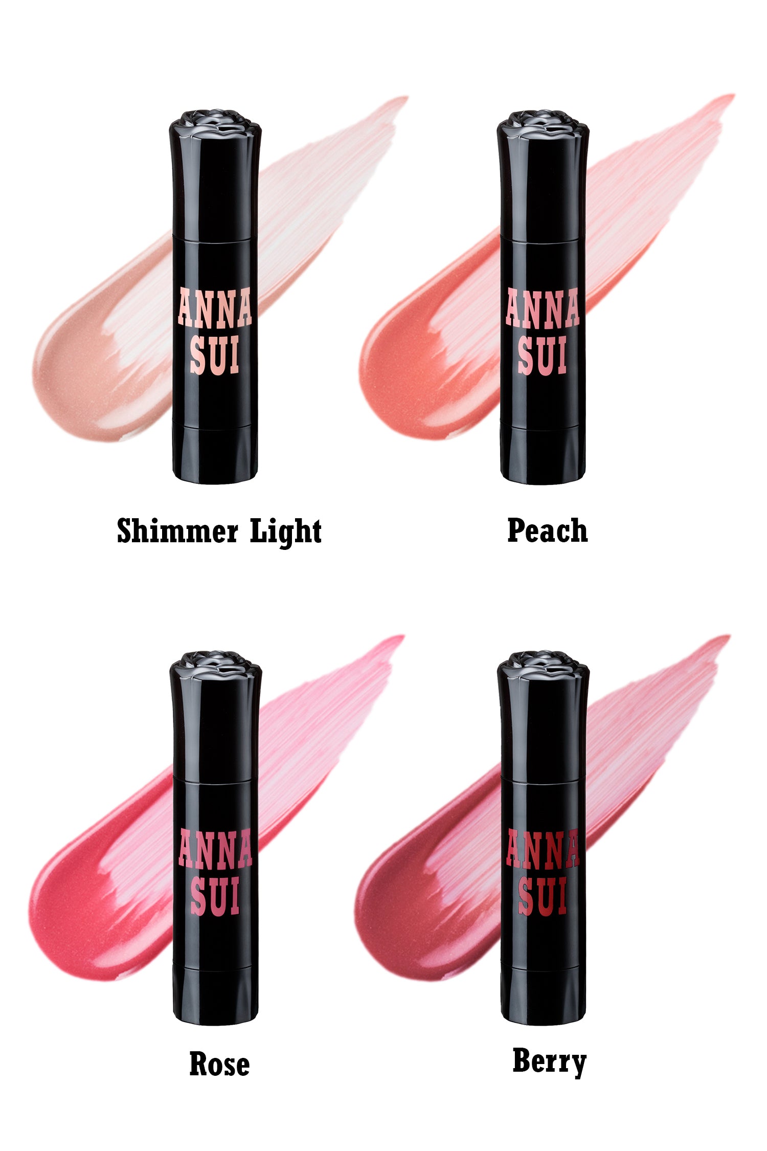 The 4 gradients of primer, SHIMMER - PEACH – ROSE – BERRY the cylinder with a rose on top match the color