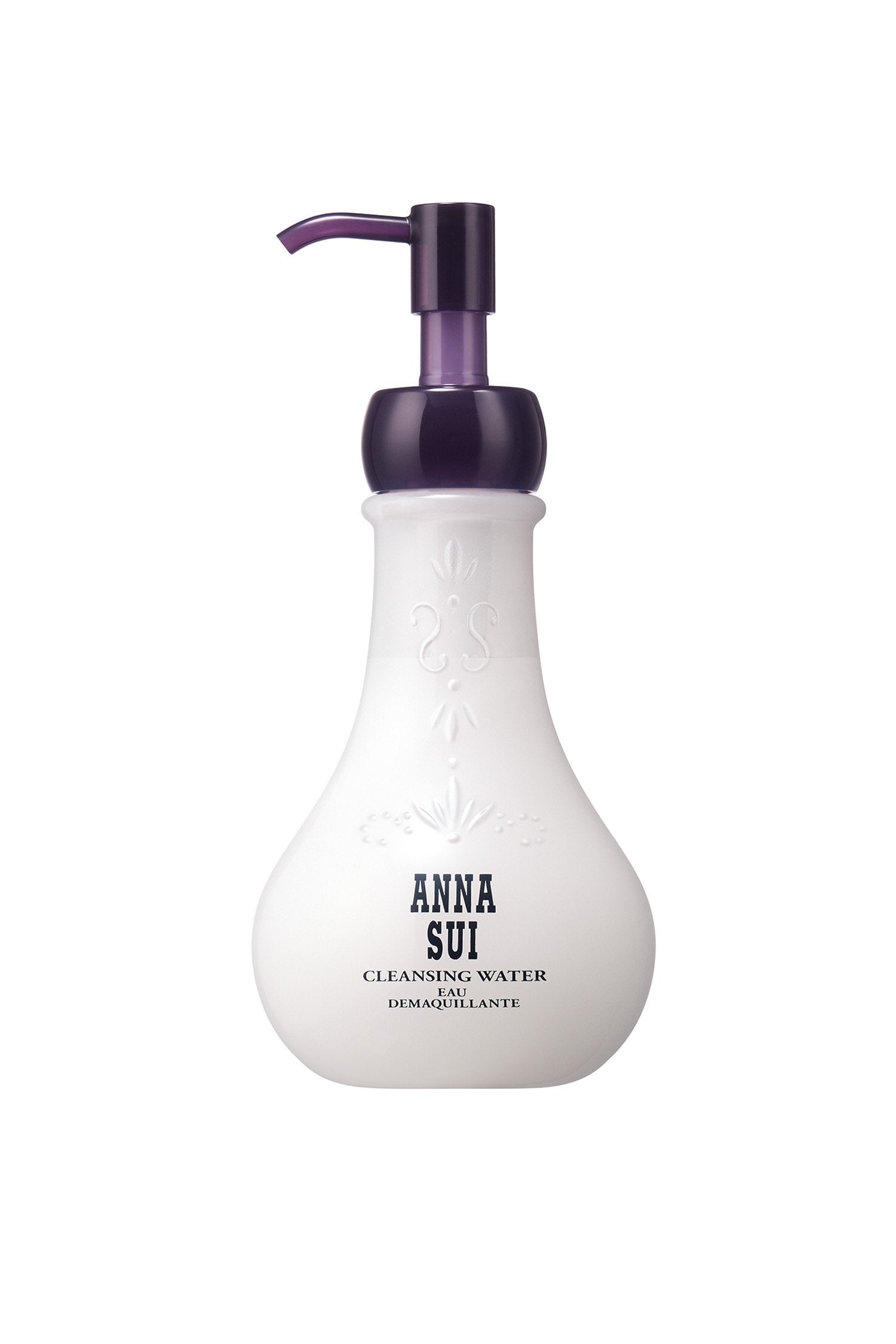 Cleansing water: in a cream-white, bulb-shaped container, floral design and Anna branding, the dispenser is dark purple