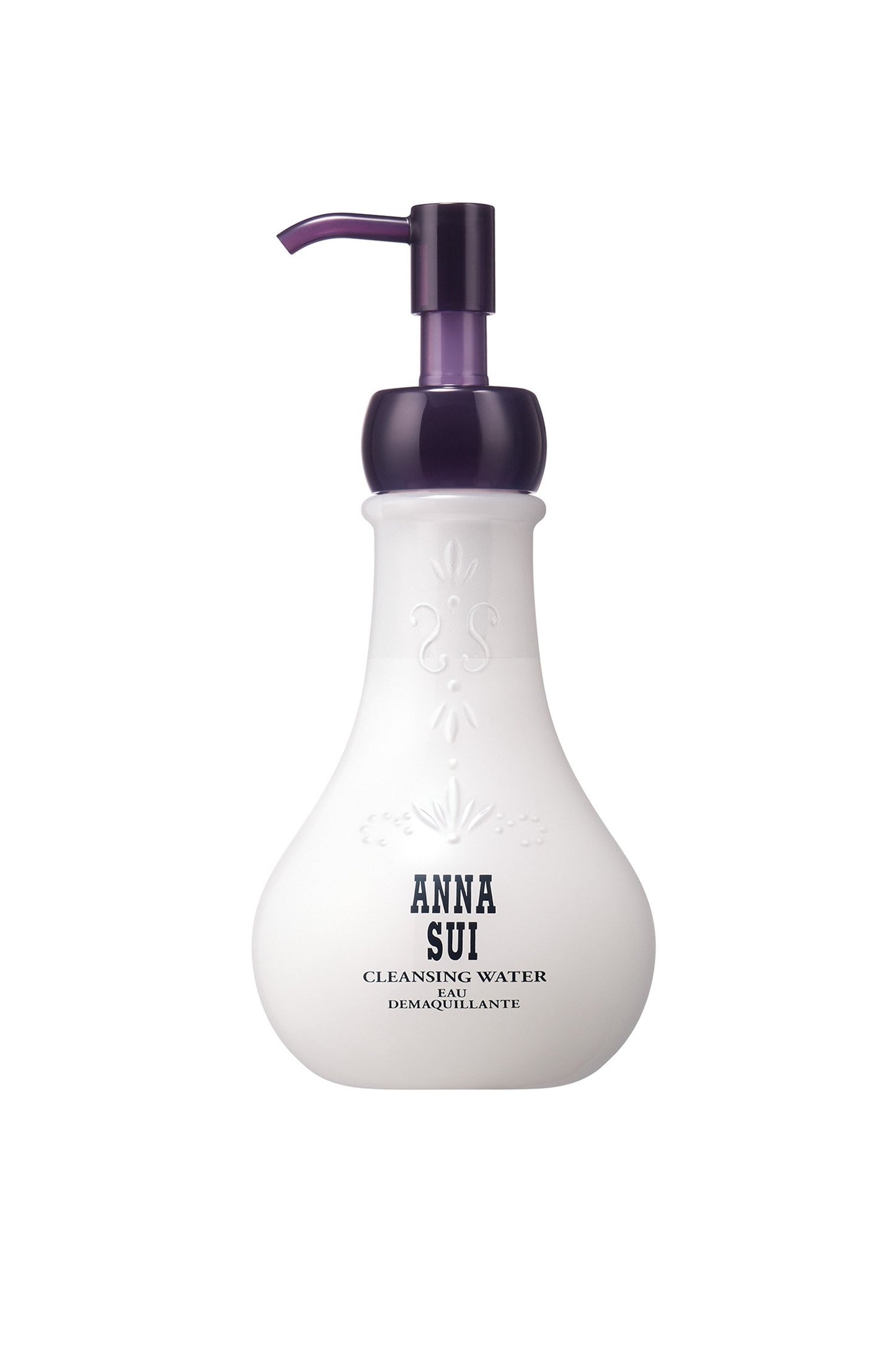 Cleansing water, cream bulb-shaped container, floral design & Anna branding, purple dispenser