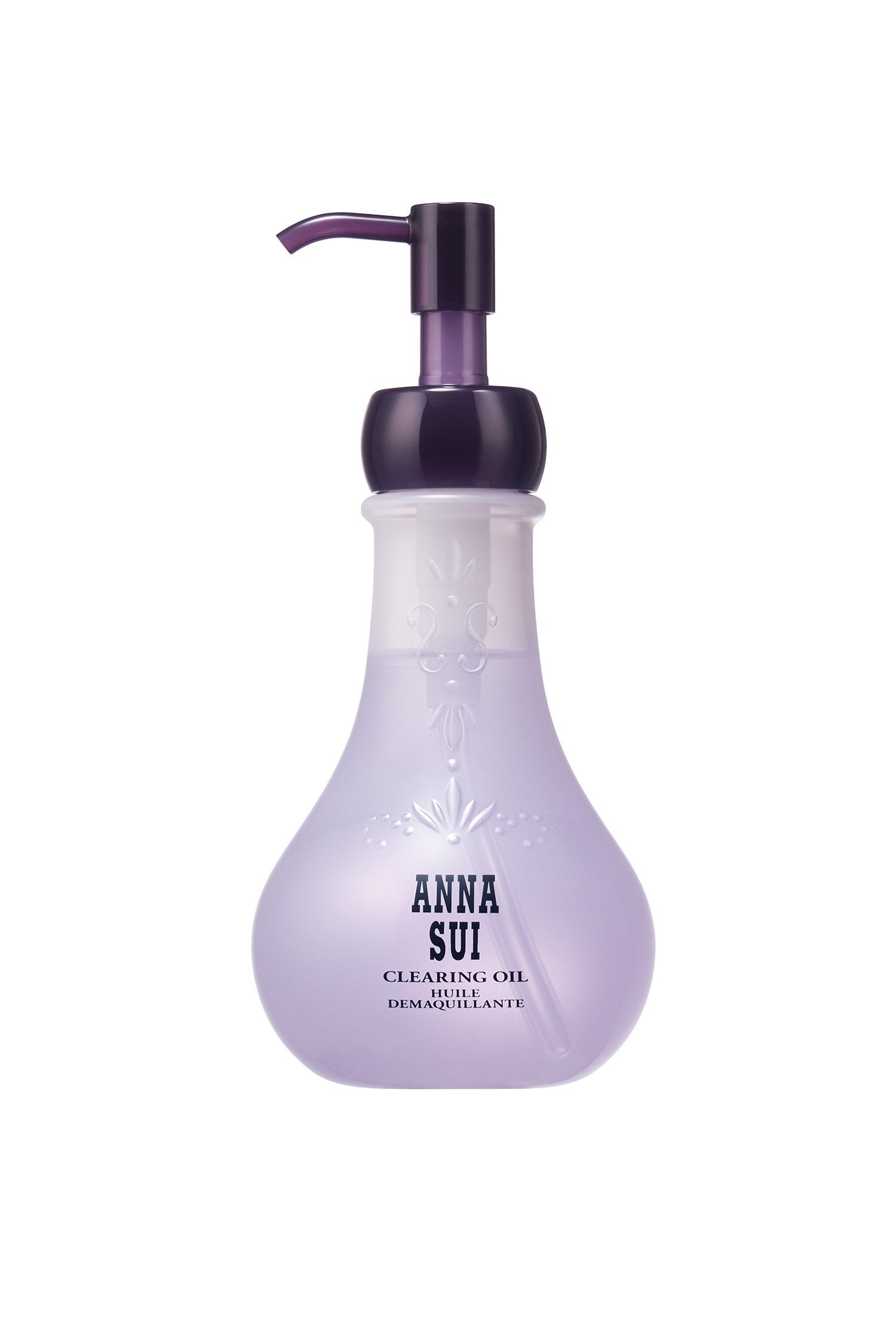 Clearing Oil: in a violet-white, bulb-shaped container, floral design and Anna branding, the dispenser is dark purple.