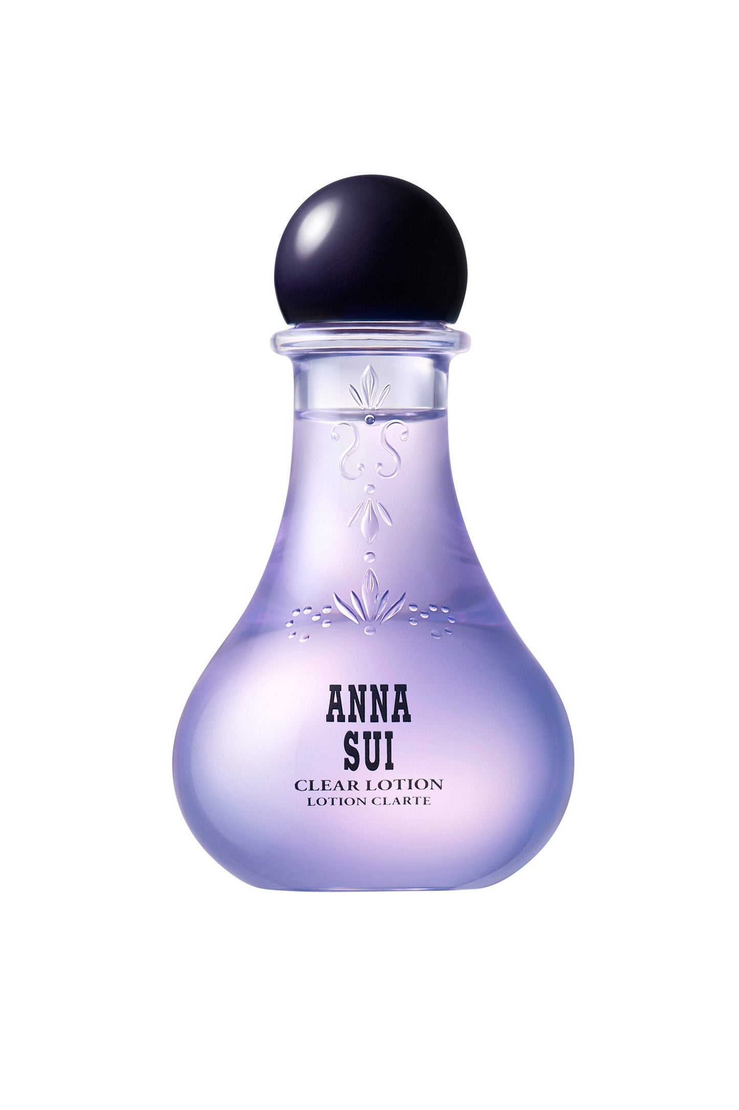 In a transparent violet, bulb-shaped container, floral design and Anna branding, a round cap on top
