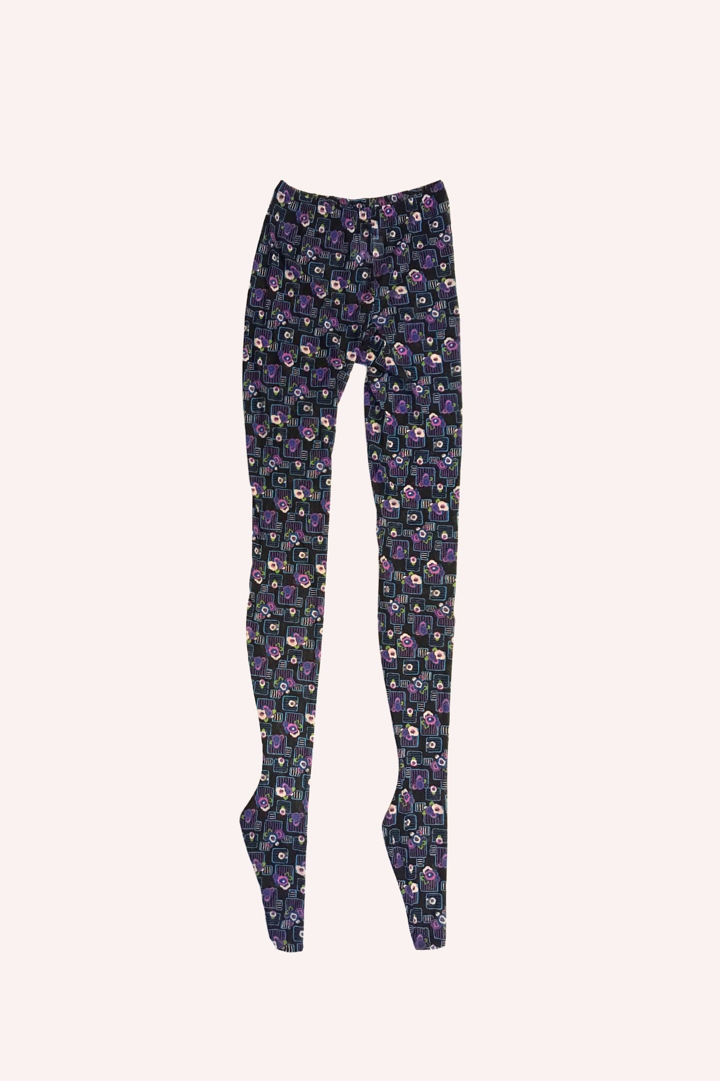 Deco Floral Patch Tights Turquoise, pattern of turquoise and lavender floral design on black