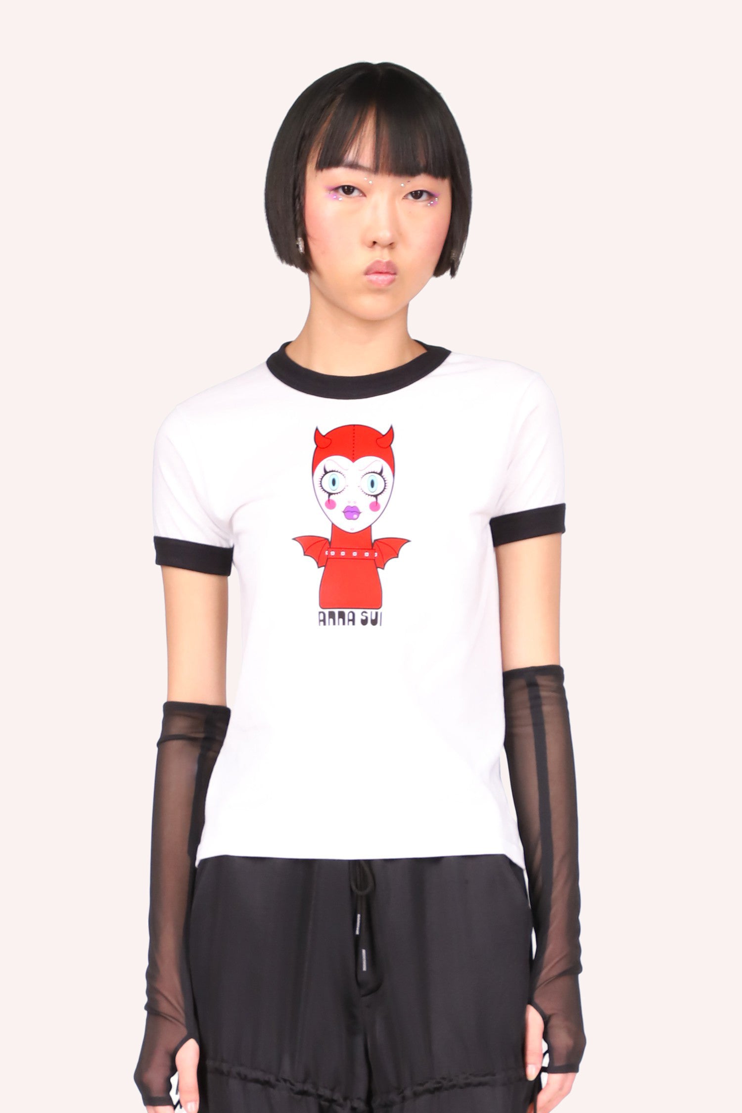 Devil Dolly Head Tee Black,  A doll dressed in red, with a big devilish look, horns and wings, Anna Sui underneath