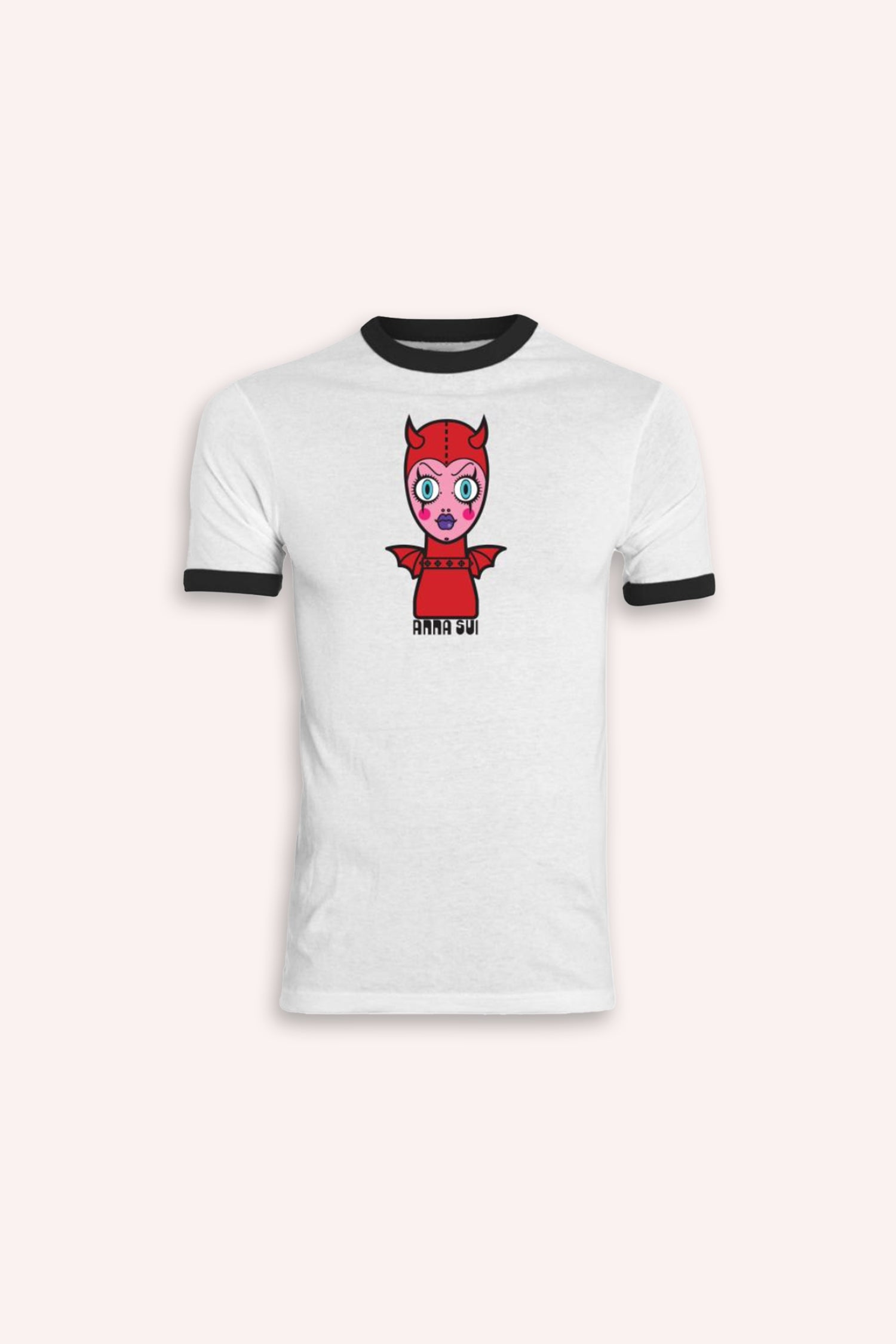 White tee with black edges at collar and arm, print in front representing a red and pink doll with devil looki