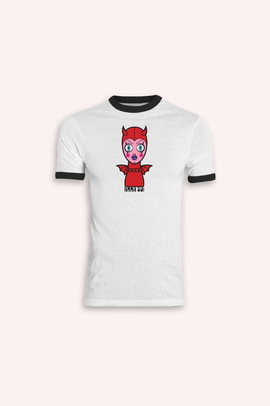 White tee with black edges collar & arm, a red & pink doll with devil look print in front