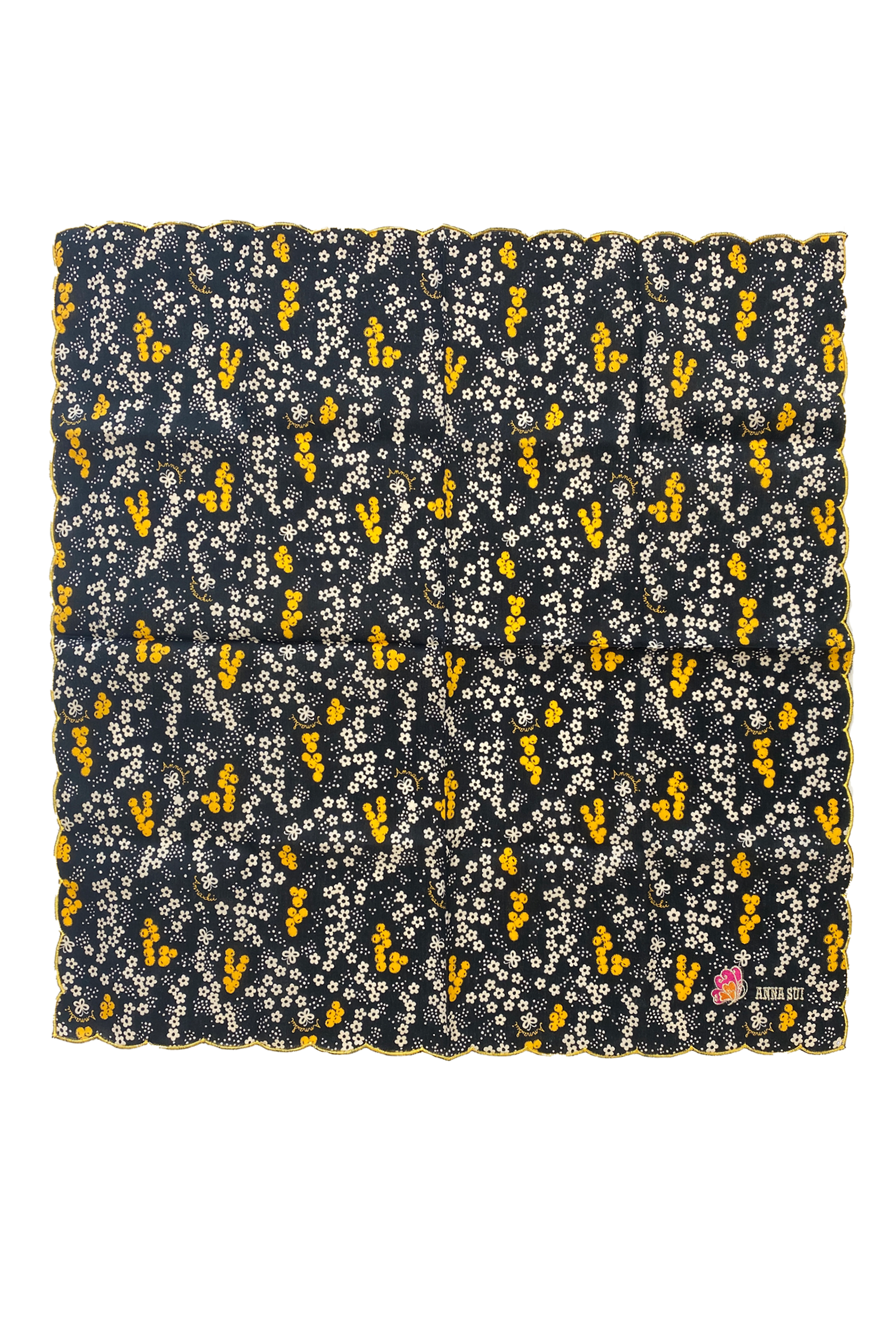 Handkerchief, squared, white daisies on a blackish color and yellow dots, Anna’s label in a corner