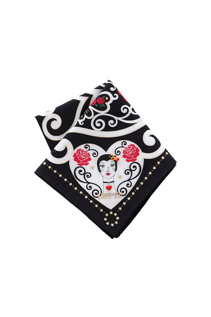 Handkerchief, white heart Anna’s dolly head, red roses in a corner, on black, border of golden stars