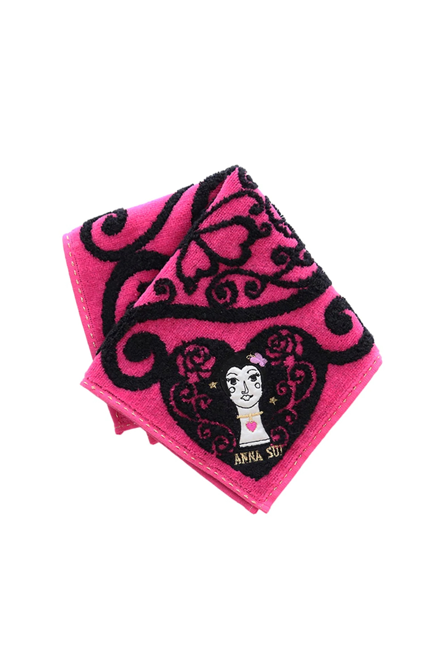 Dolly Head Washcloth, red, embroidery black heart in corners with and Anna Sui’s doll inside