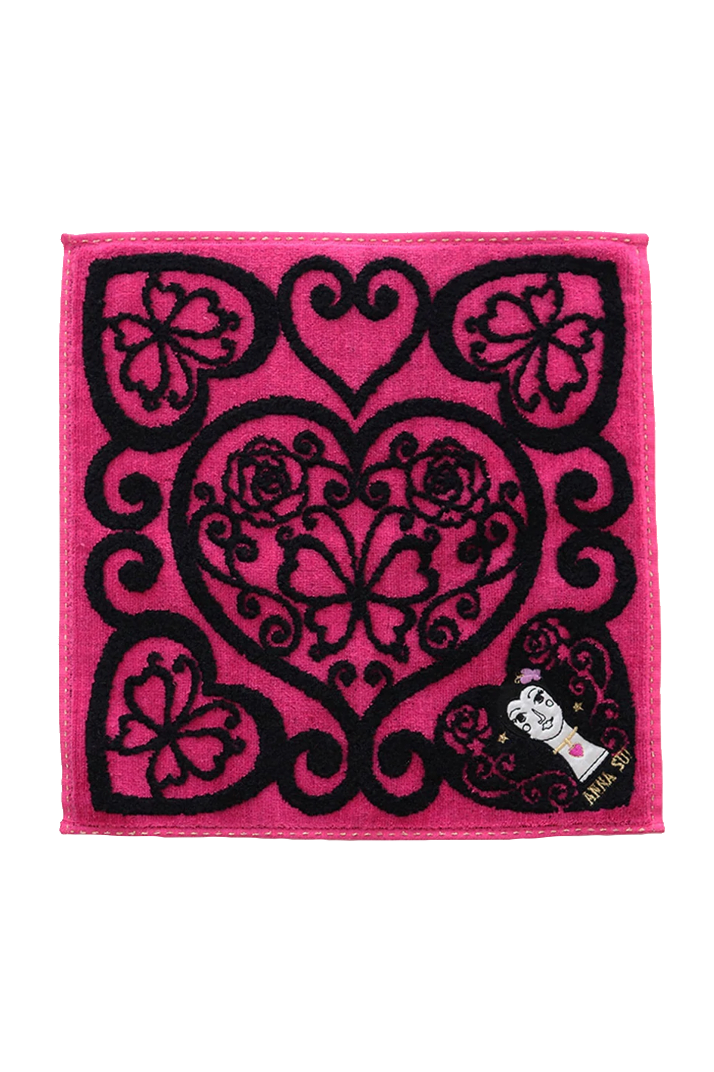 Dolly Head Washcloth, red, 4-embroidery black hearts in corners 1-center and Anna Sui’s doll in one