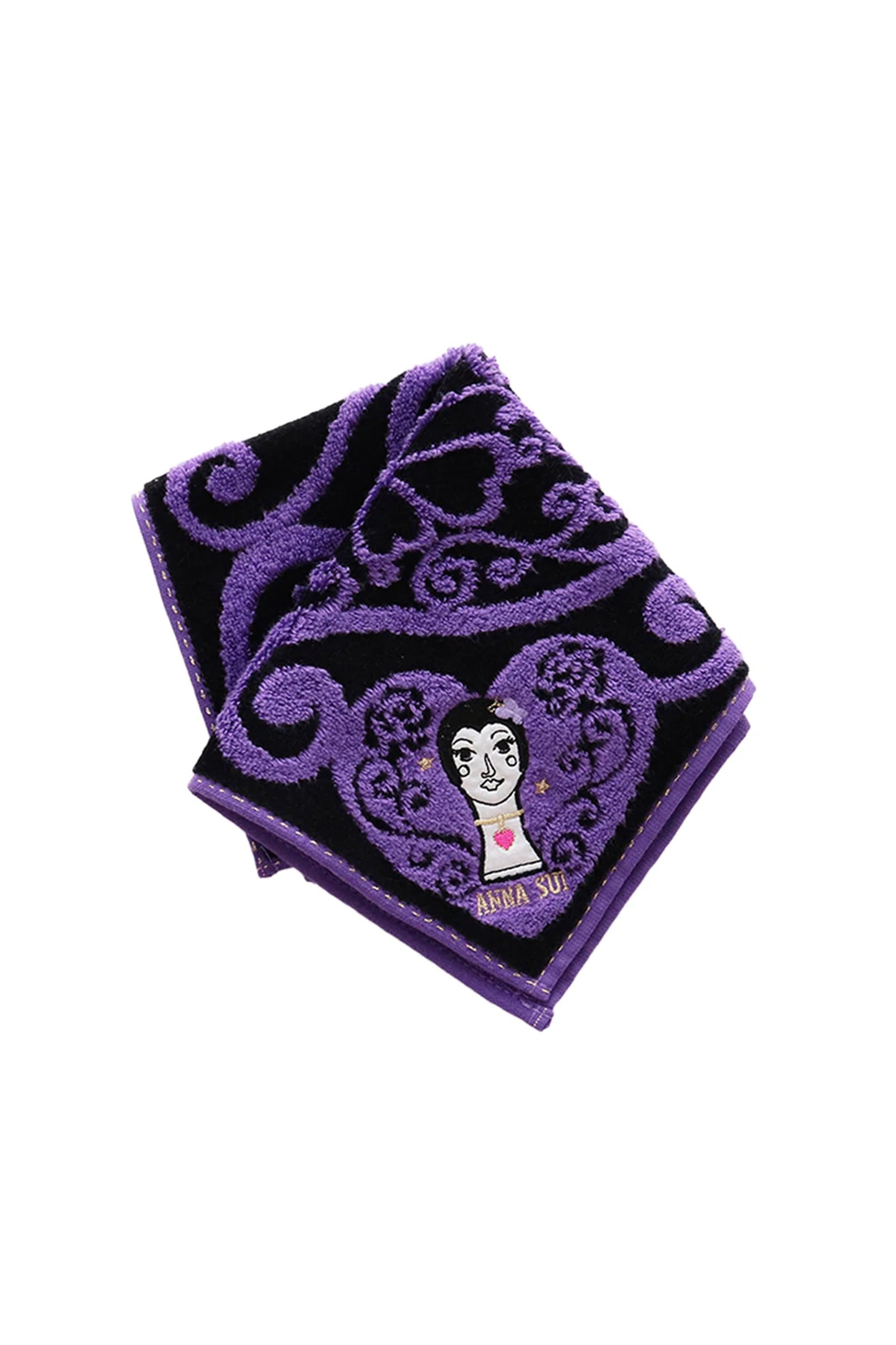 Dolly Head Washcloth, black, embroidery purple heart in corners with and Anna Sui’s doll inside