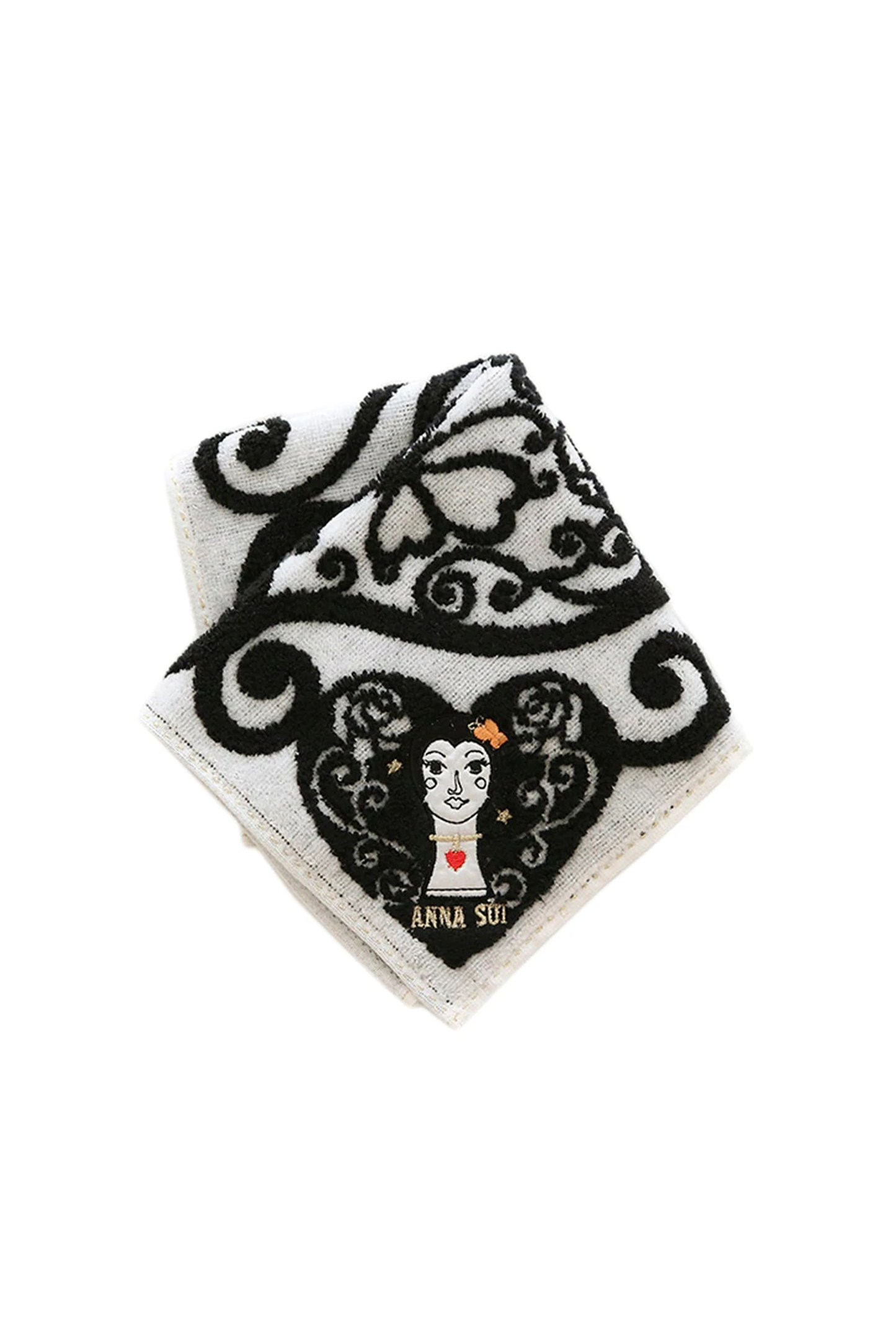Dolly Head Washcloth, white, embroidery black heart in corners with and Anna Sui’s doll inside