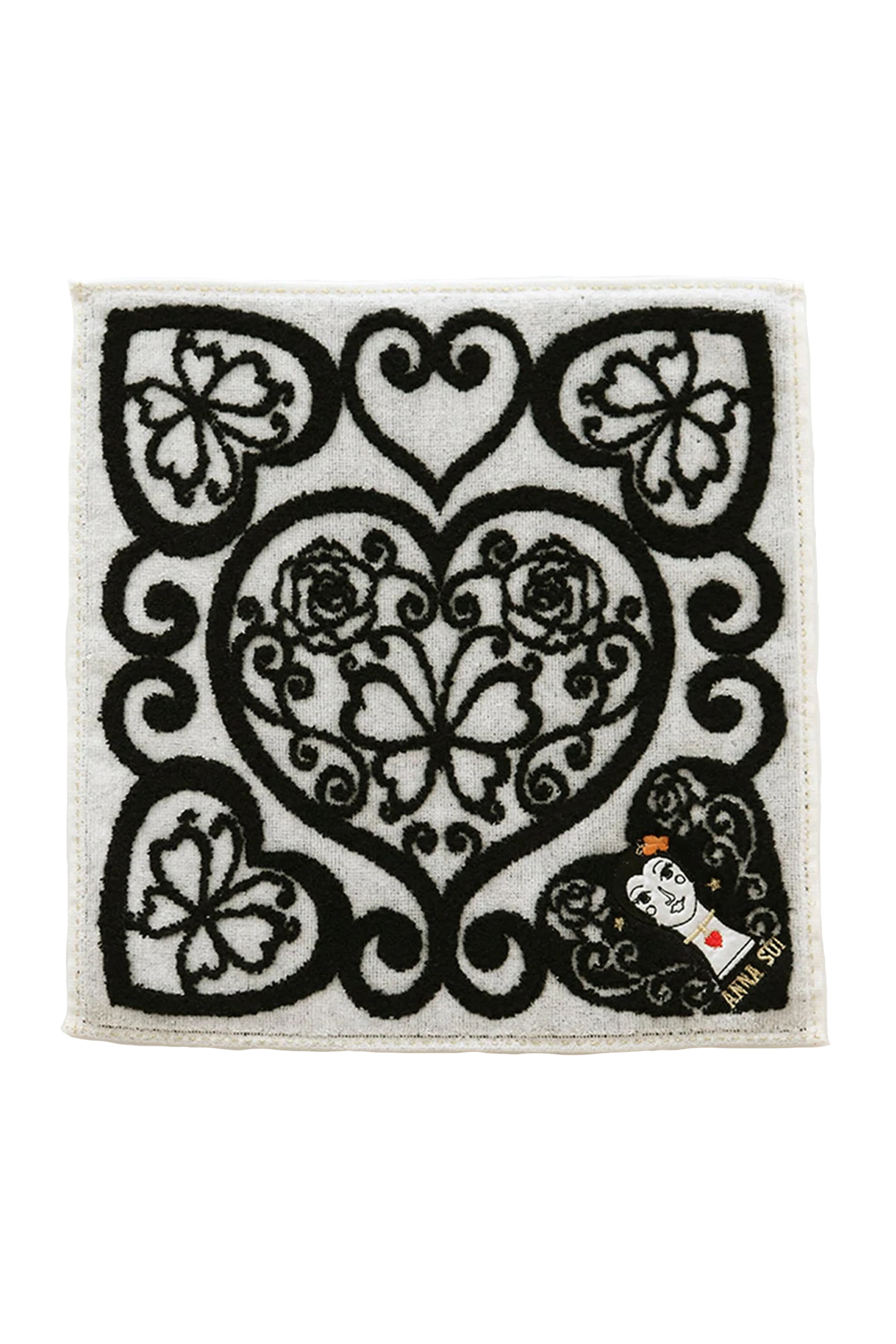 Dolly Head Washcloth, white, 4-embroidery black hearts in corners 1-center and Anna Sui’s doll in one