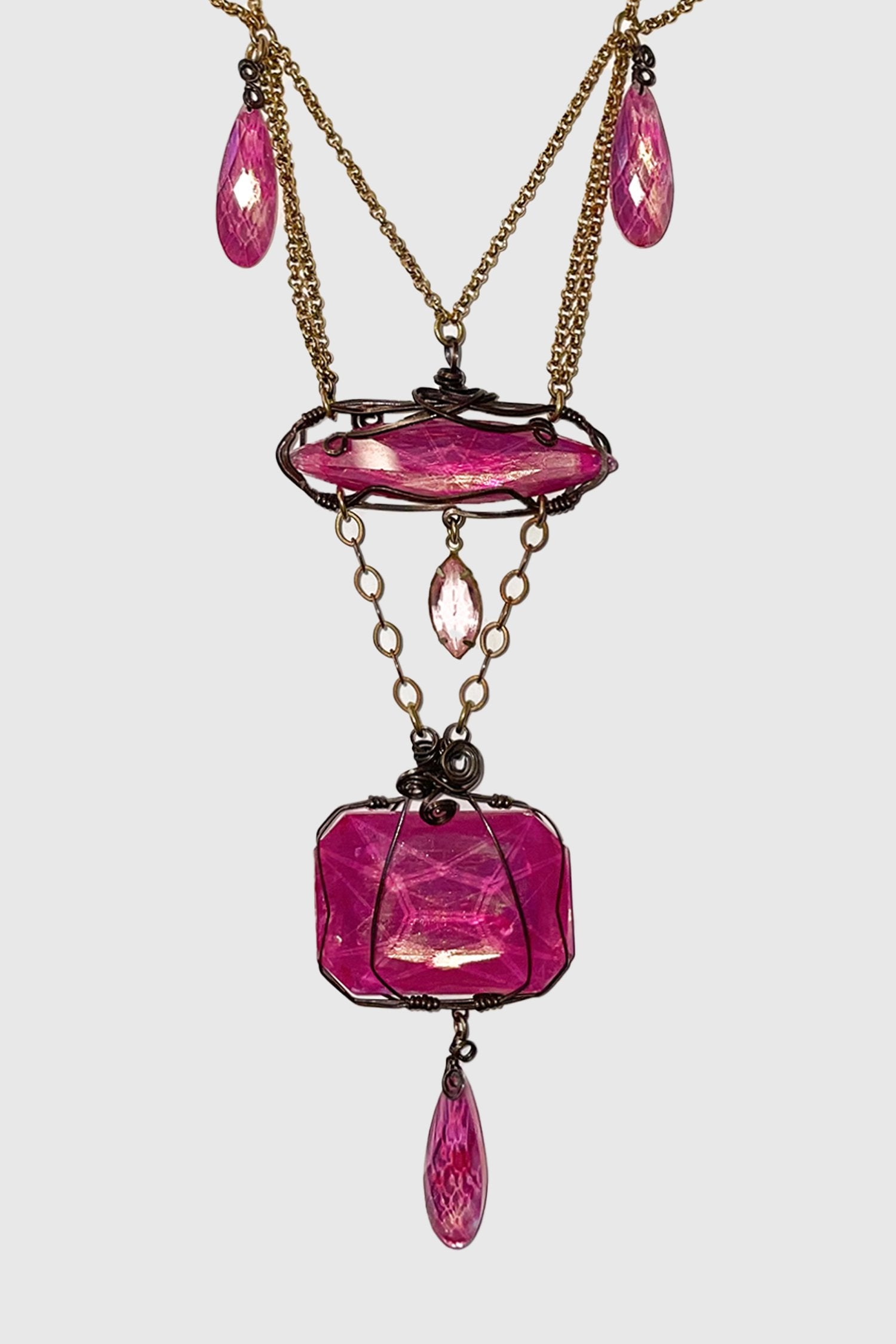 Beamon Teardrop Ruby Pendant, top 2-red stones, 1 oval, a squared, a tear drop, Gold-tone chain