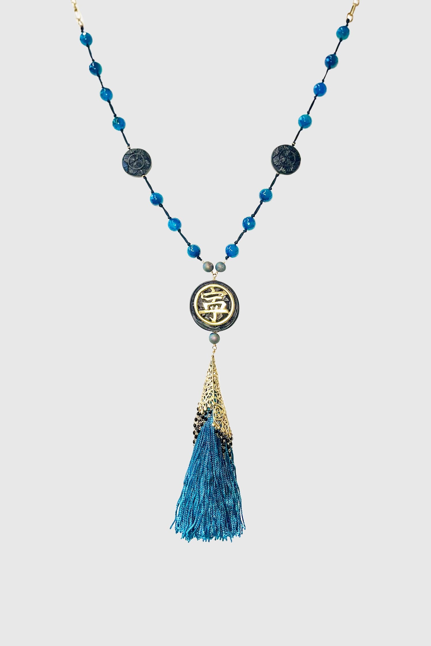 Anna Sui x Erickson Beamon, Necklace colored blue beads, round wood badge with Chinese fonts, Tassel blue beads, gold cap