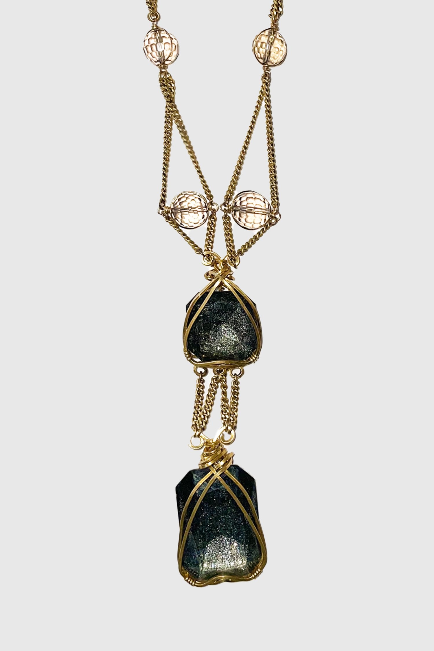 Beamon Crystal Necklace, 2-chains making a triangle with attach beads, 2-dark green crystal under