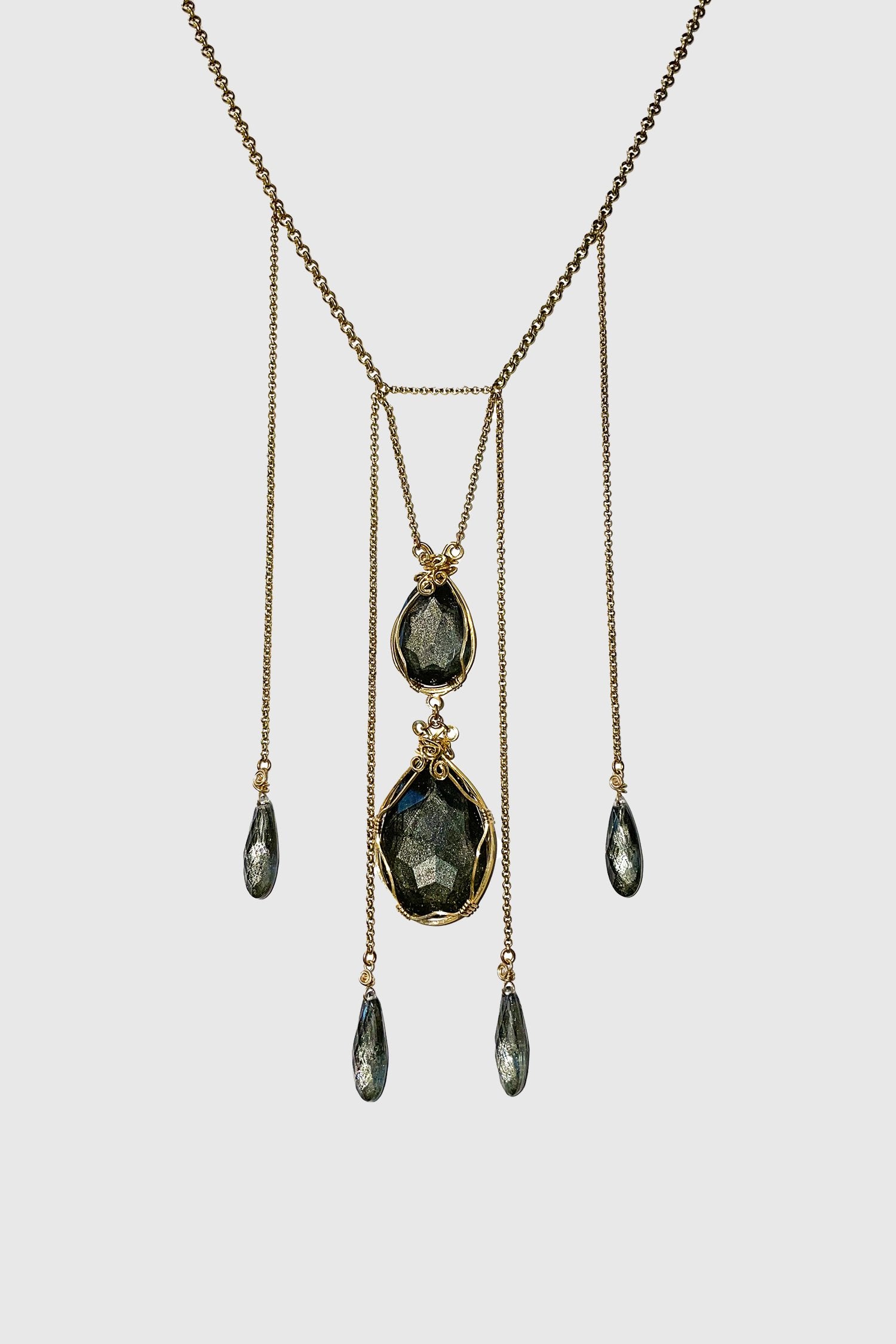 Anna Sui x Erickson Beamon Teardrop Crystal long Necklace, 2-dark green and 4-pendant stone