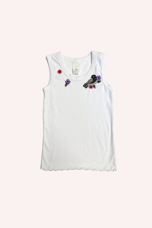 Embroidered Tank White, sleeveless, round laced collar, floral colored design & black bird
