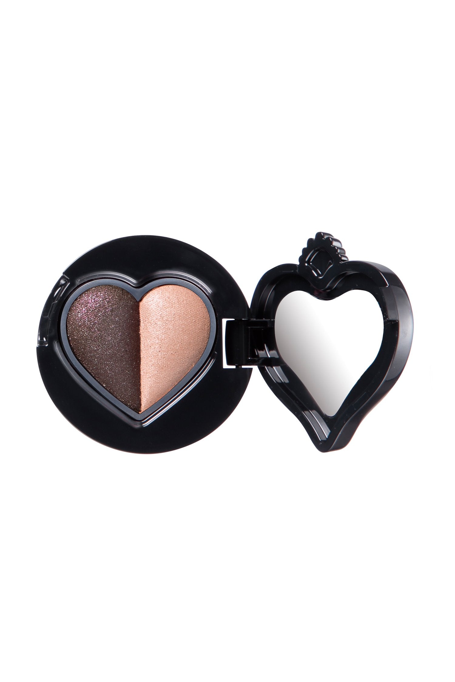 Sui black eye color 300 FUNKY PINK DUO Round Black container with a heart shaped lid with a mirror inside 