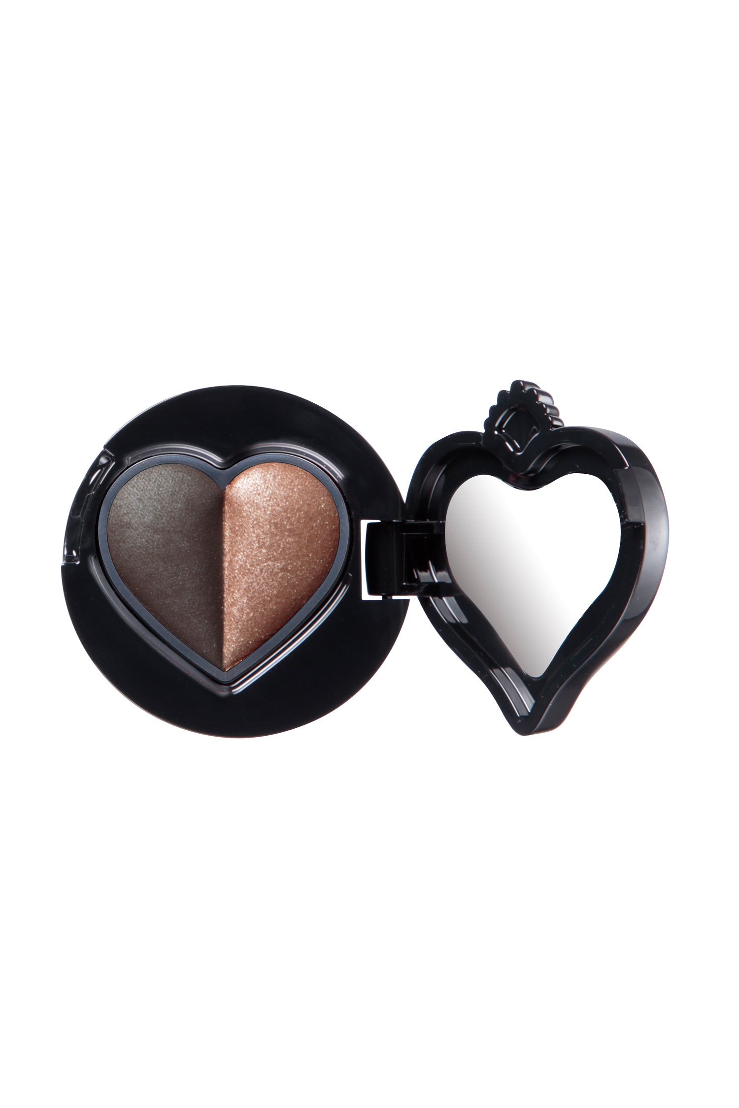 Sui black eye color RICH BROWN DUO Round Black container with a heart shaped lid with a mirror inside 