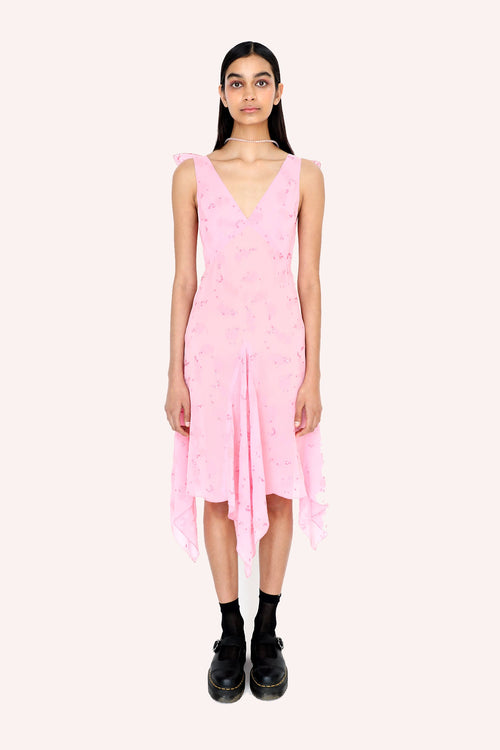 Pink, knee-length, Flock Crinkle Chiffon Dress, sleeveless, deep-cut collar, 4 panels front, back, sides from hips to mid-legs