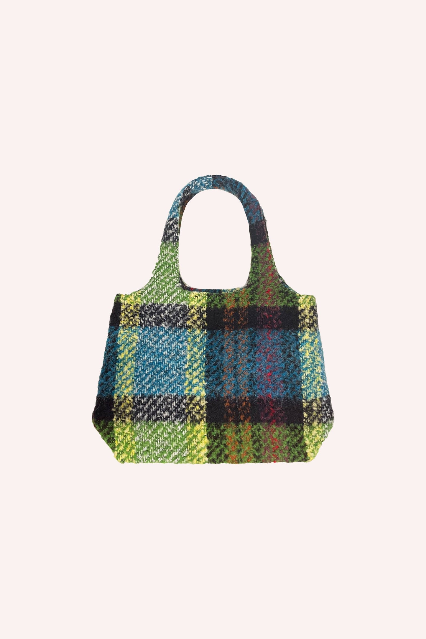 Multi Plaid Tote Bag Fern,  in trapezoidal shape with 2 handles, plaid in greenish color