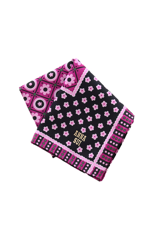 Handkerchief squared, pink square with pink flower then black with lines of pink flowers, Anna’s label
