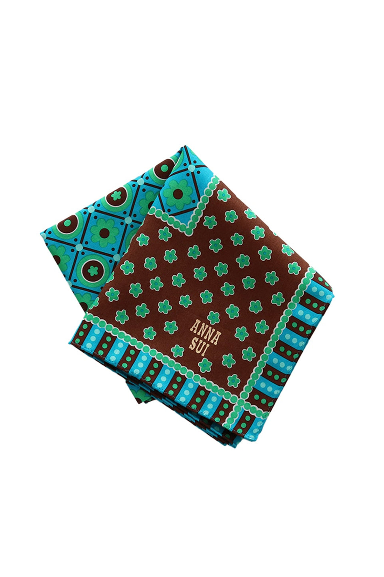 Handkerchief, blue square with green flower then brown with lines of green flowers, Anna’s label