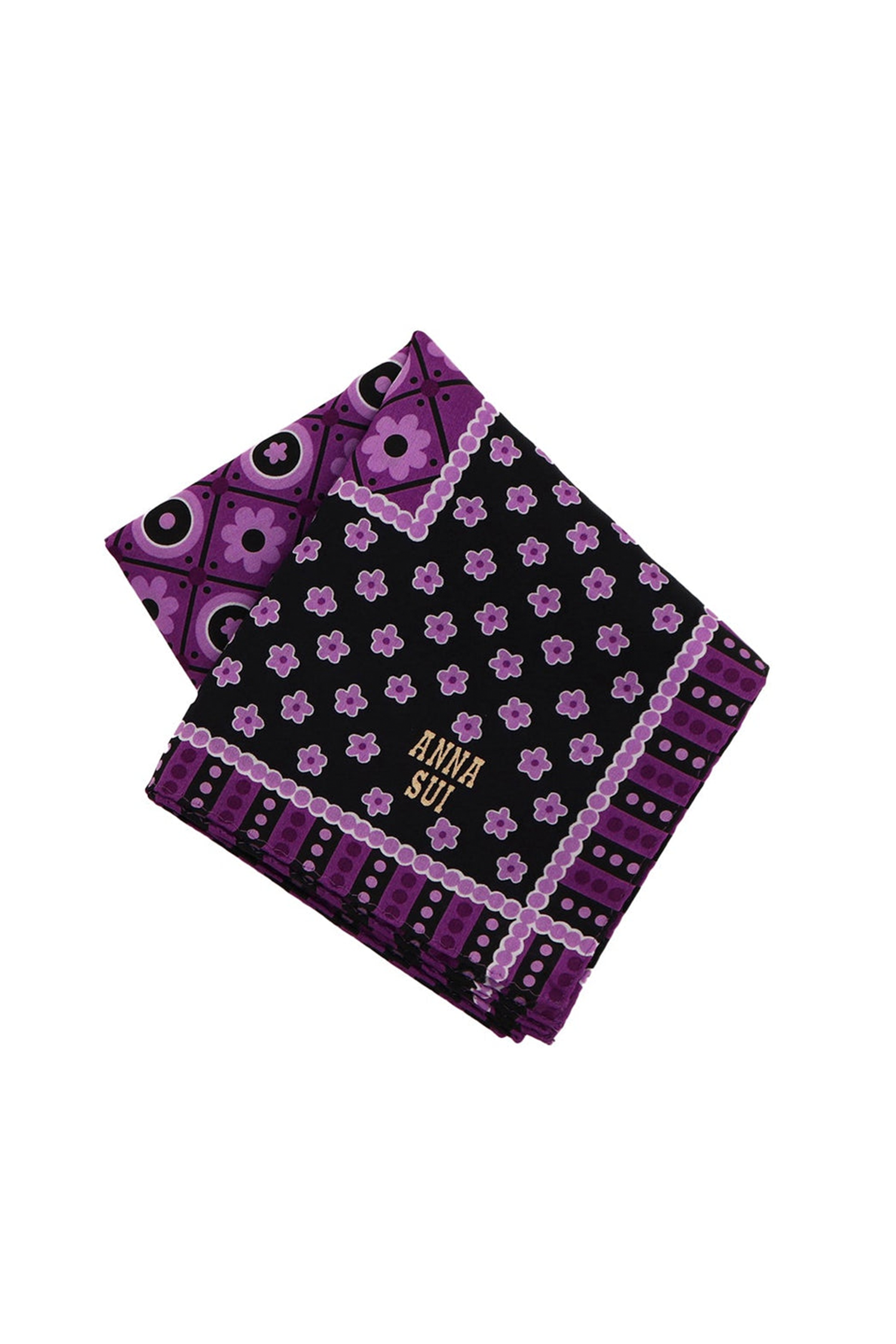 Handkerchief, purple square with purple flower then black with lines of pink flowers, Anna’s label