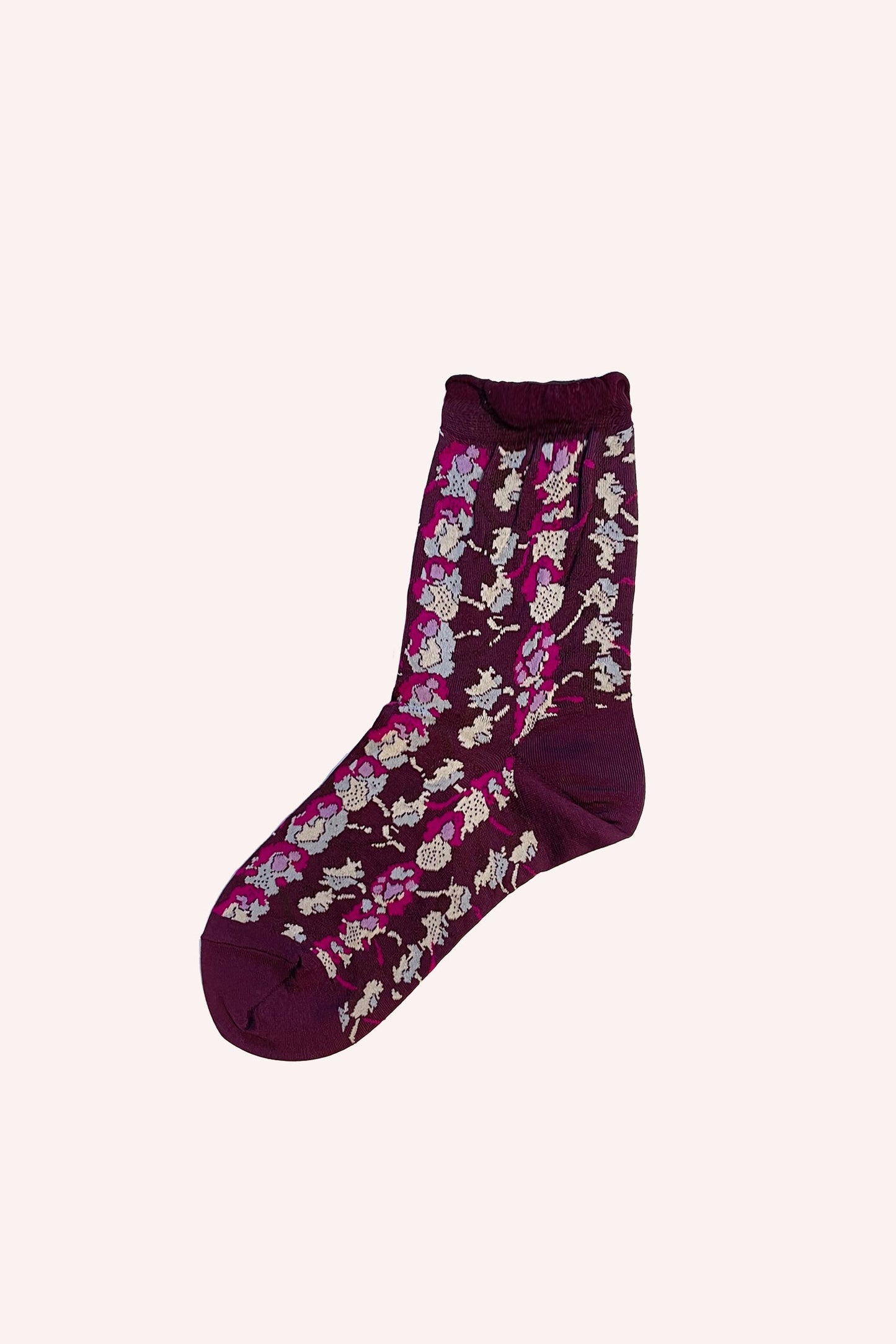 Floral Stripe Socks Boysenberry color, short socks, white and pink floral pattern design