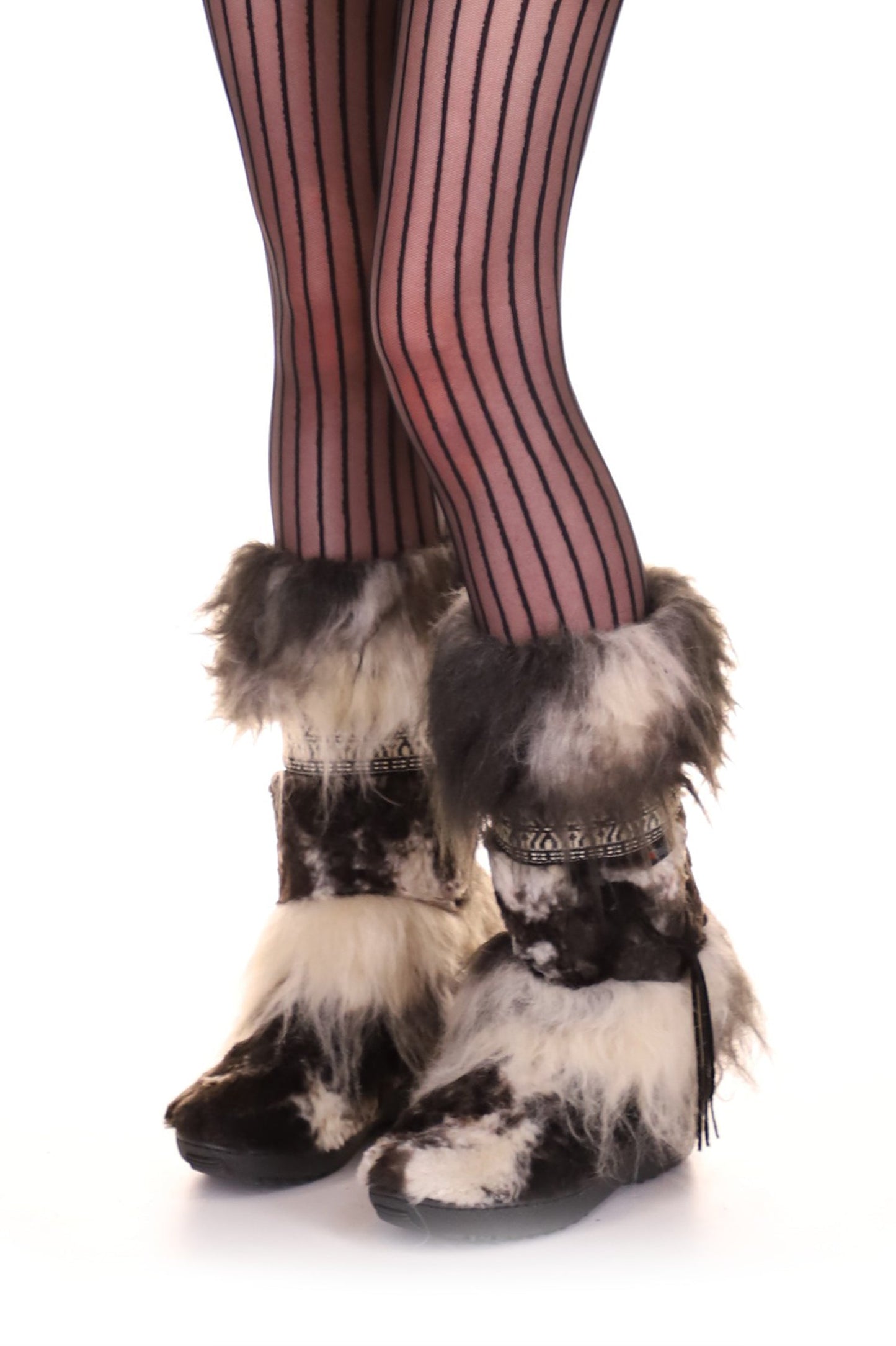 Winter style with Anna Sui x Pajar Folklore Boot, black/grey furry, high sole, refined design, customizable fit, white/black border