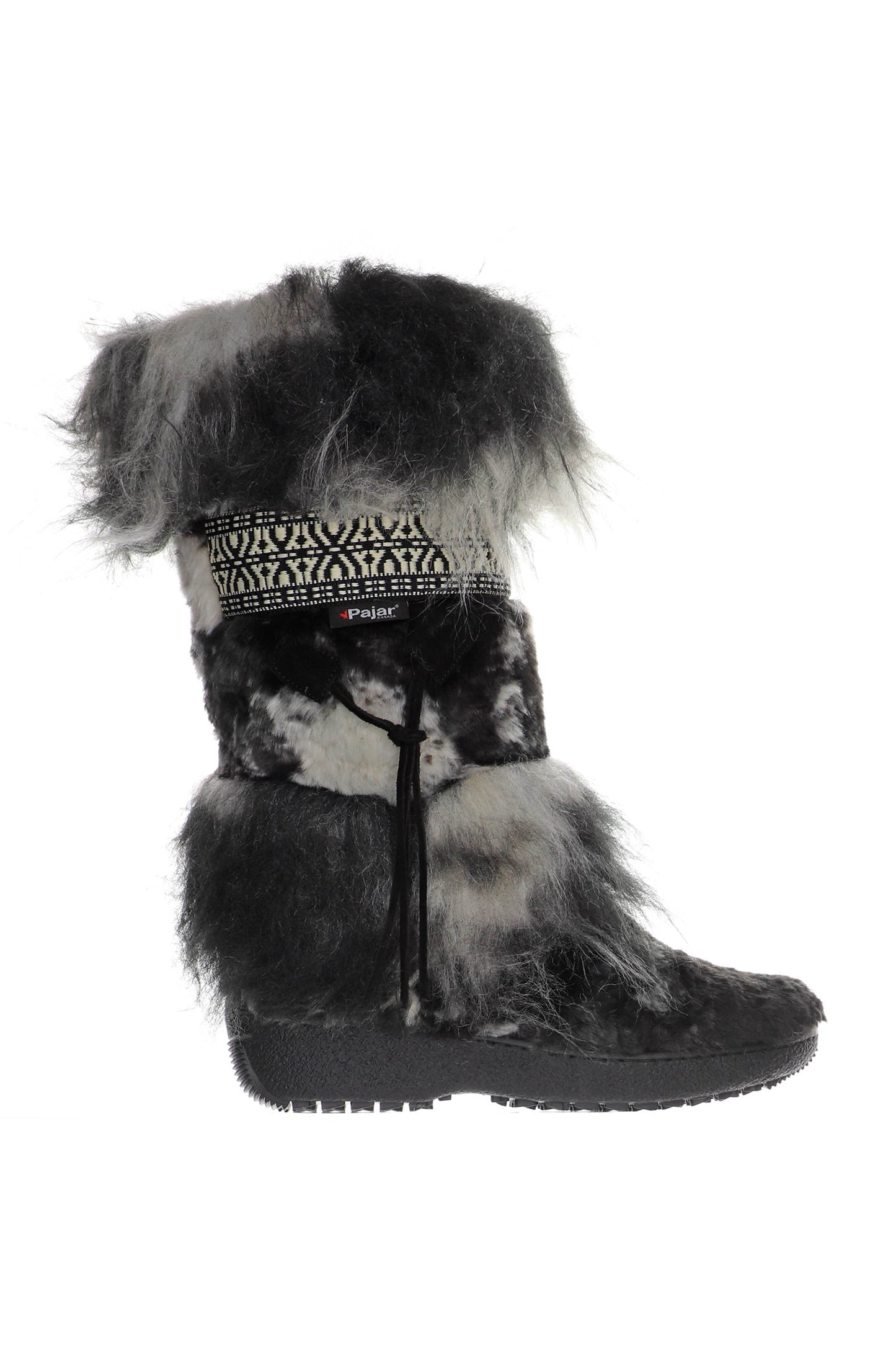 Folklore Boot, black and grey furry boots, high sole, black lace to tied, white/black border a calf high